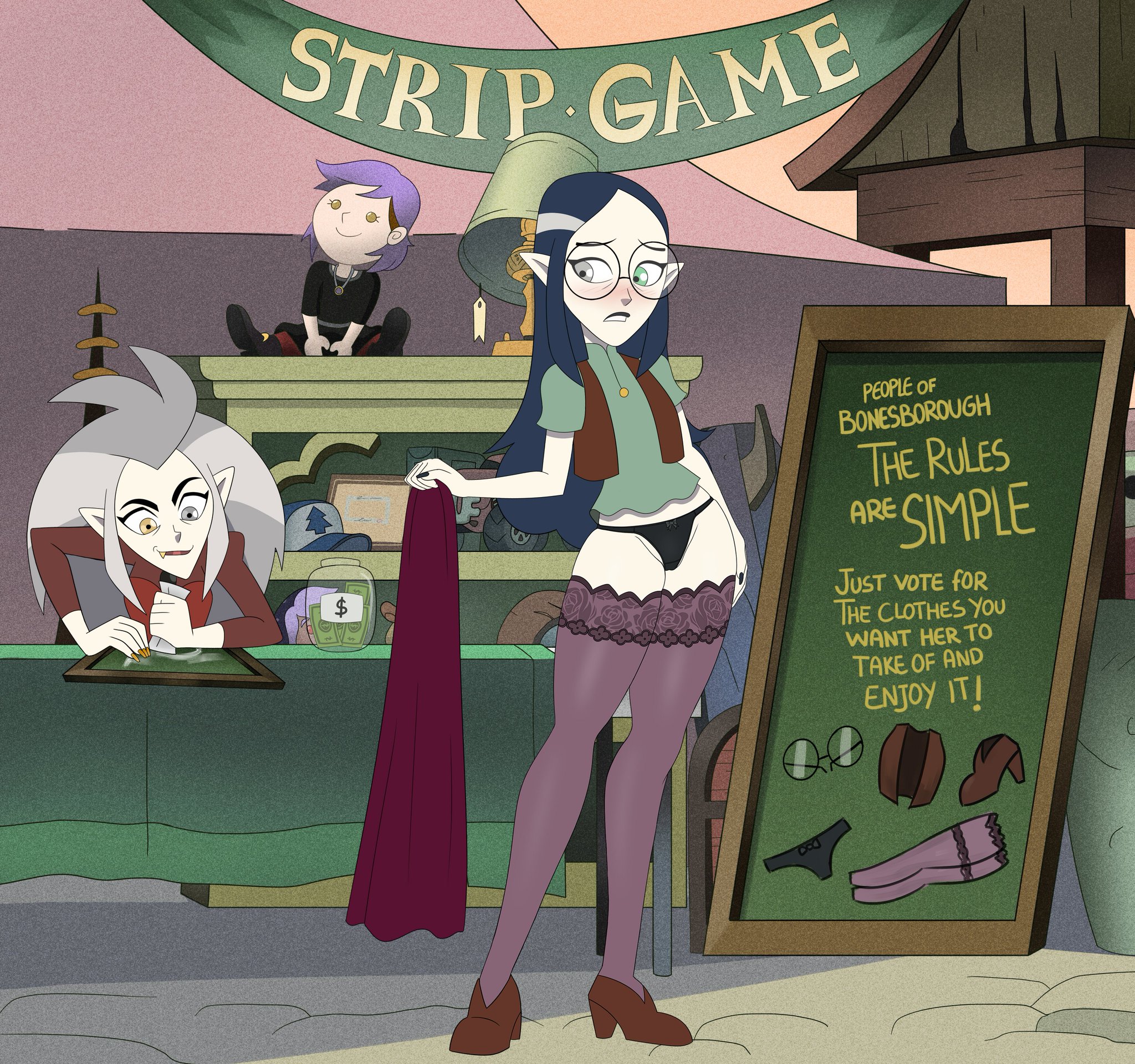 2girls, accurate art style, amity blight, blackboard, disney, disney channel, eda clawthorne, embarrassed, female, female only, lilith clawthorne, master chimichurri, money, multiple females, multiple girls, public, sisters, strip game, tagme, the owl house, twitter poll series, undressing