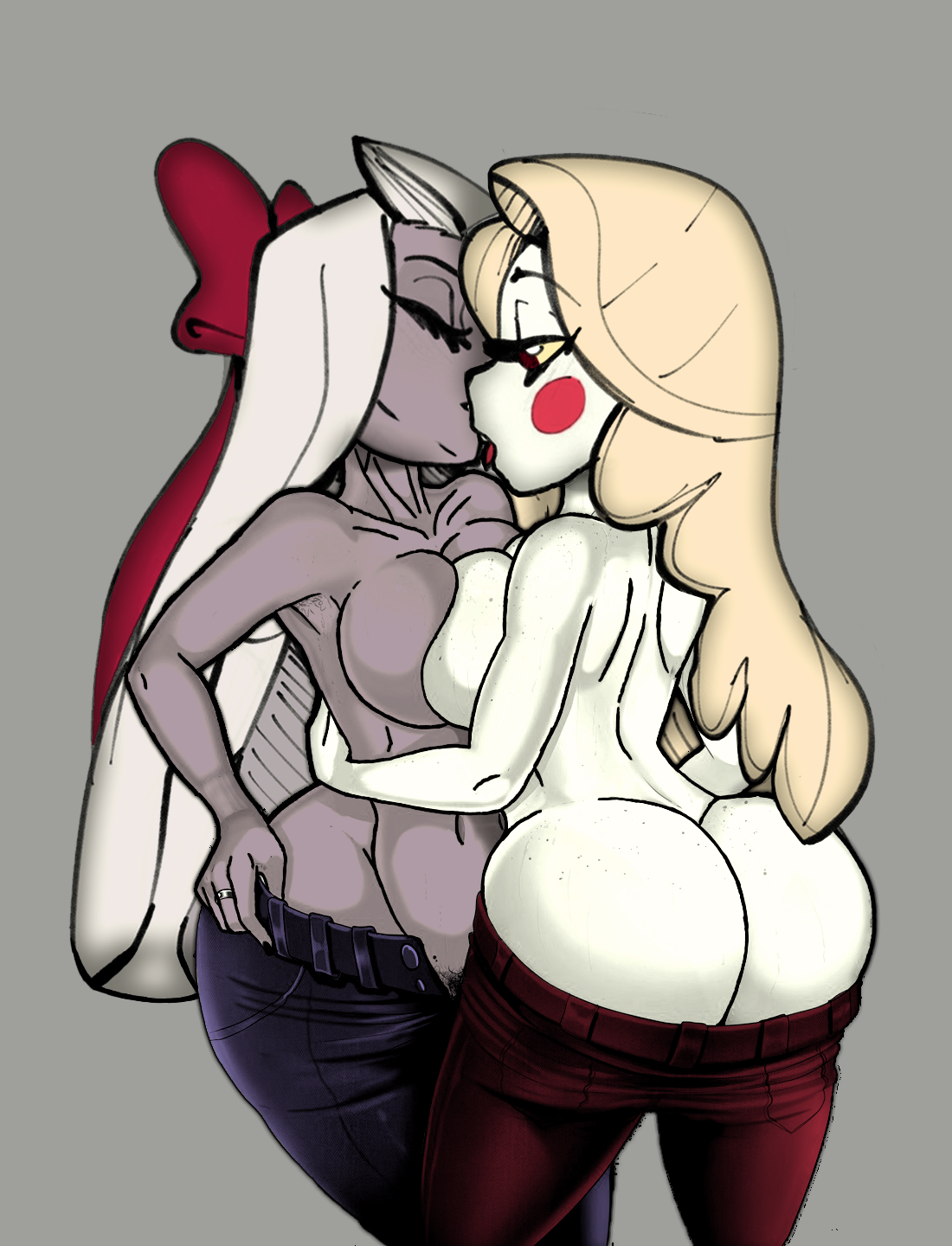 2demons, 2girls, ass, ass cleavage, ass crack, big ass, big breasts, breast press, breasts, butt crack, canon couple, charlie morningstar (hazbin hotel), colored, demon, female, female only, hand on hip, hazbin hotel, hug, jeans, kissing, malcontentus, simple background, thick thighs, traced, vaggie (hazbin hotel), wide hips, yuri