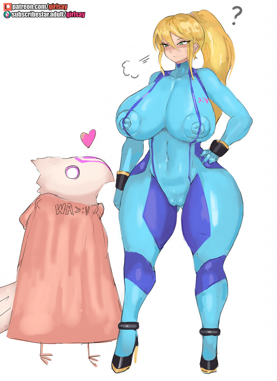 blonde_hair blush blushing chozo female gigantic_breasts girlsay huge_breasts human metroid ponytail samus_aran zero_suit zero_suit_samus