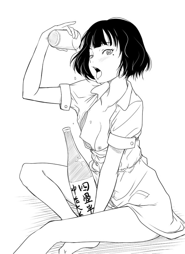 1girls akashi alcohol breasts breasts_out dark_hair female female_only line_art monochrome sake_cup sexually_suggestive solo suggestive_fluid the_tatami_galaxy tongue tongue_out wine_bottle yojouhan_shinwa_taikei