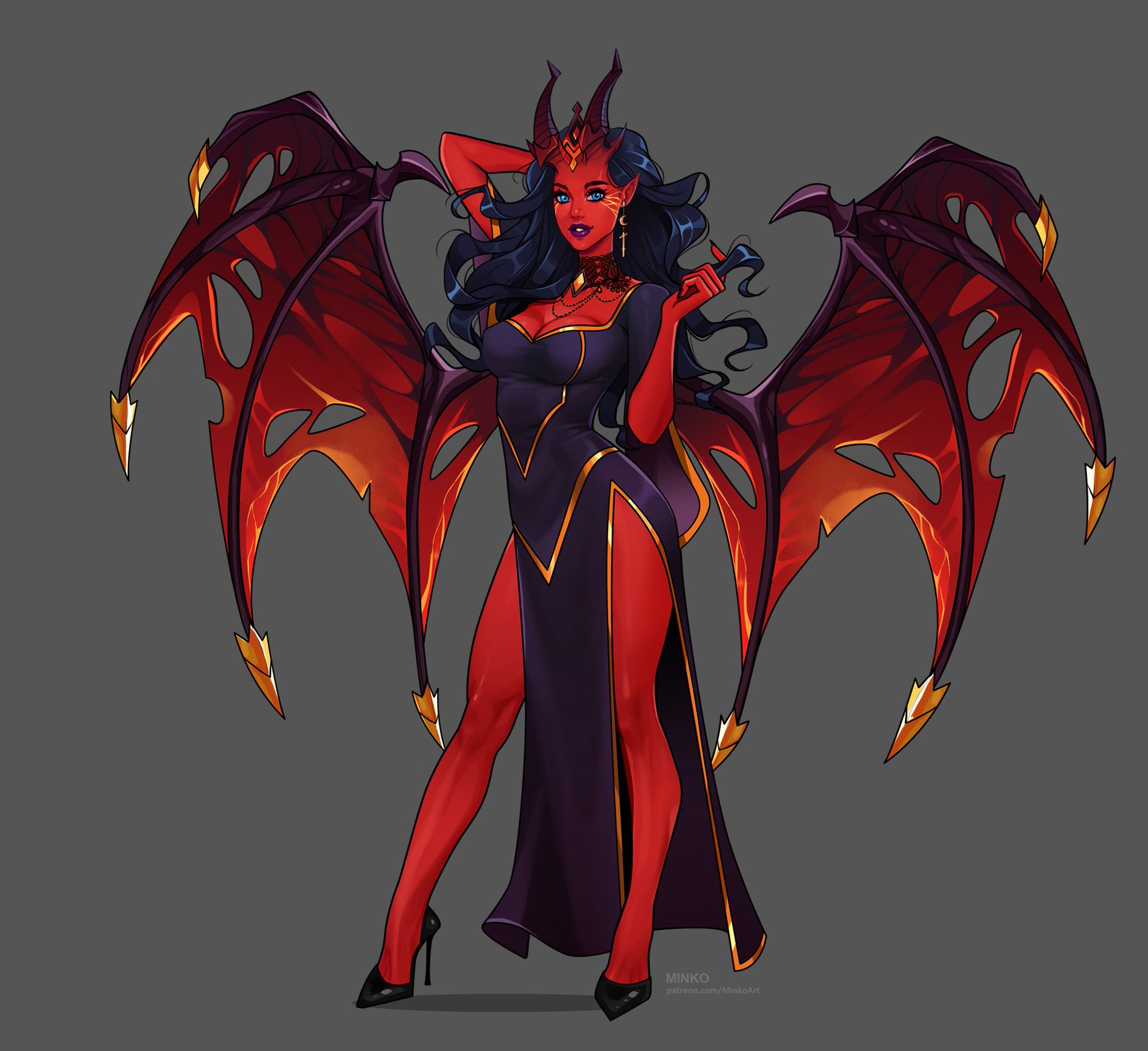 1girls, 2022, alternate version available, black hair, black nipples, blue hair, breasts, commission art, demon, demon girl, demon horns, demon wings, dota 2, female, high heels, high resolution, long hair, minko, olena minko, queen of pain, red skin, small breasts, solo, solo female, succubus, succubus horns, succubus wings, tagme, topless female