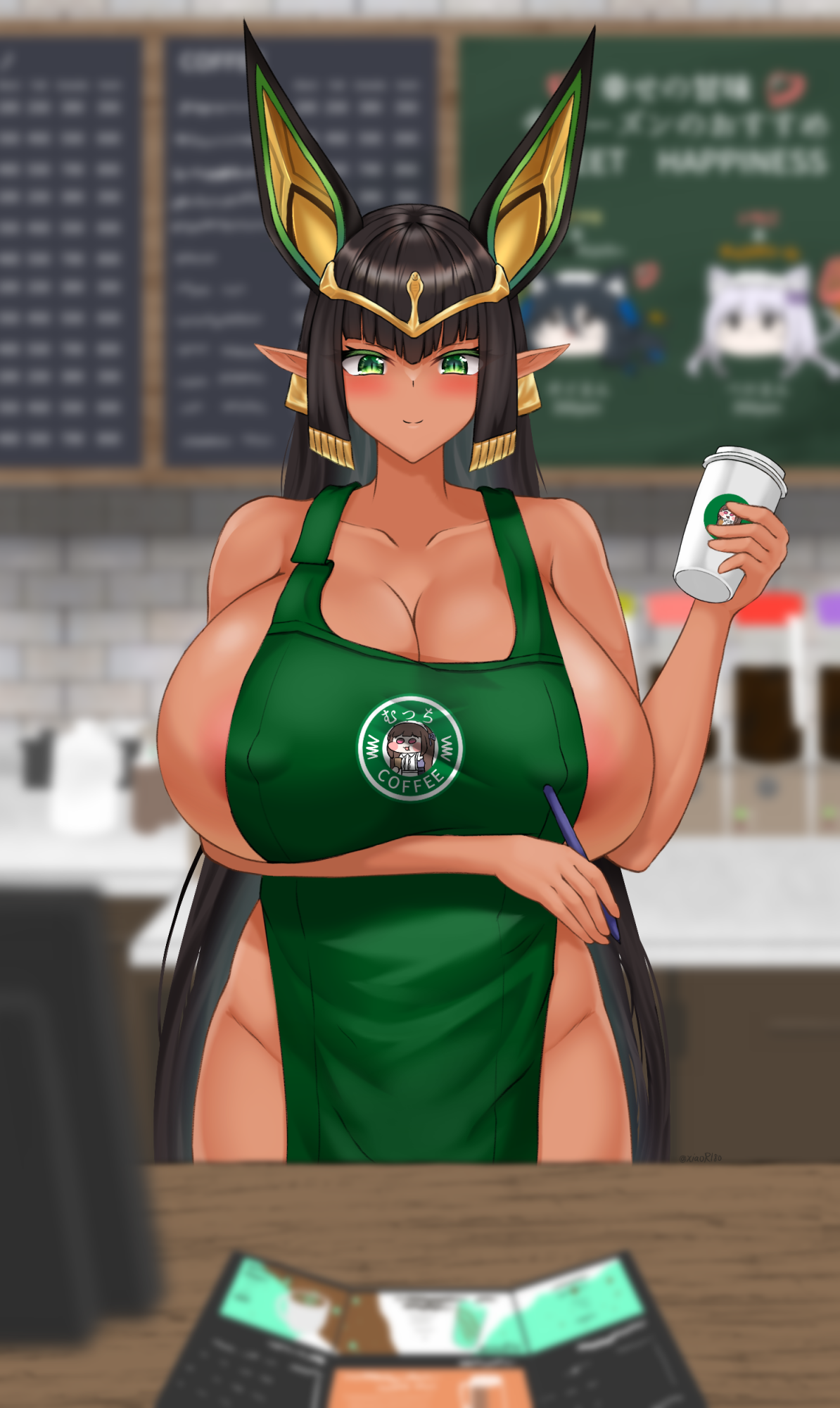 1girls, apron, big breasts, blunt bangs, breasts, dark skin, dark-skinned female, egyptian, egyptian female, female, huge breasts, iced latte with breast milk, last origin, long hair, meme, naked apron, sekhmet of death, xiaor180