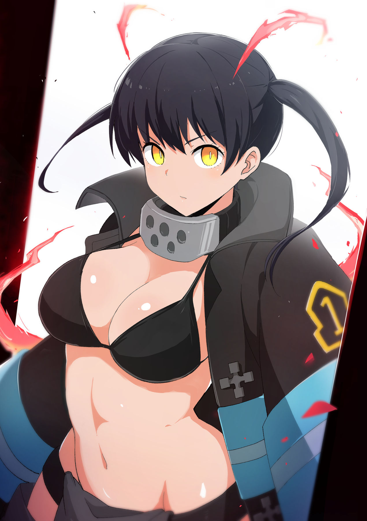 1girls, artist request, big breasts, bikini top, black hair, bra, breasts, cat ears, cleavage, curvaceous, curvy, curvy figure, enen no shouboutai, female, female focus, female only, fire force, kotatsu tamaki, light skin, light-skinned female, looking at viewer, medium breasts, panties, solo, solo female, solo focus, twintails, underwear, voluptuous, white skin, yellow eyes