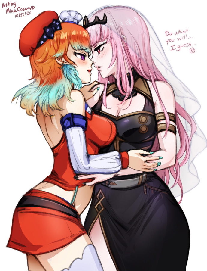 2girls, back, bare shoulders, beret, blush, breasts, chef hat, cleavage, couple, dated, duo, earrings, eye contact, feather earrings, feathers, female, female only, female/female, half-closed eyes, hat, hololive, hololive english, hololive myth, hugging, imminent kiss, large breasts, long dress, long hair, looking at another, medium breasts, midriff, minacream, mori calliope, multiple females, multiple girls, multiple hats, mutual yuri, open mouth, orange hair, orange hat, orange shirt, pink hair, purple eyes, red beret, red eyes, red hat, shirt, side slit, simple background, sleeveless, sleeveless dress, standing, stockings, straight hair, takamori (hololive), takanashi kiara, takanashi kiara (1st costume), thighhighs, vest, virtual youtuber, white background, white legwear, white stockings, white thighhighs, yuri