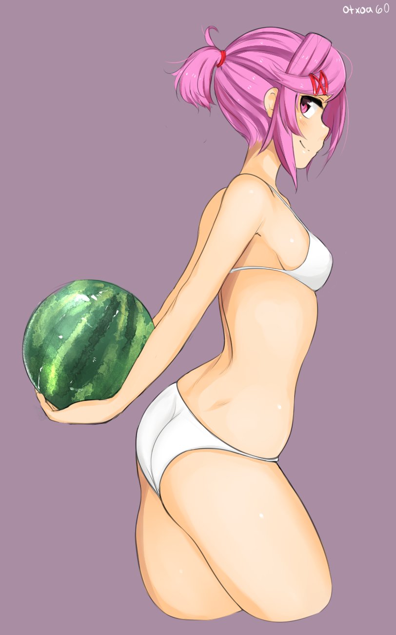 1girls bra doki_doki_literature_club female food gray_background looking_at_viewer natsuki_(doki_doki_literature_club) otxoa60 panties pink_eyes pink_hair ponytail smile smiling smiling_at_viewer solo watermelon white_bra white_panties