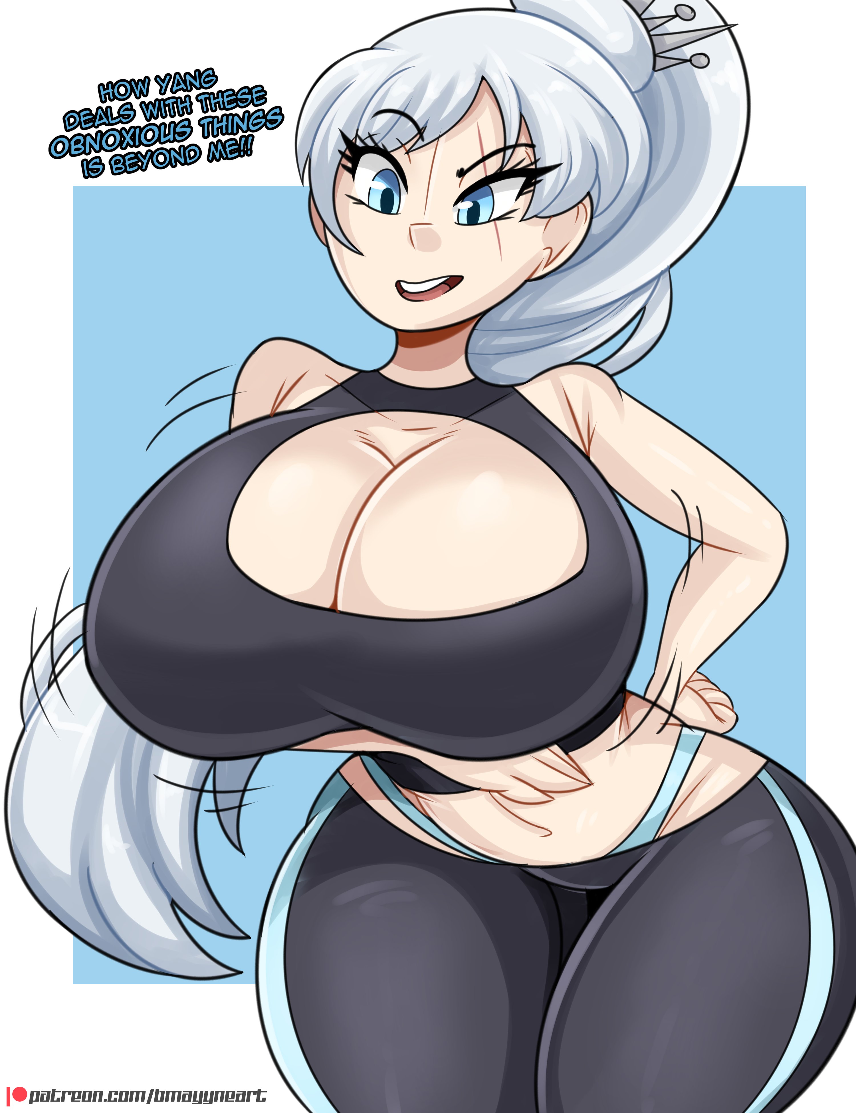 1girls, big breasts, bmayneart, breasts, busty, cleavage, clothing, dialogue, female, female only, huge breasts, large breasts, light skin, light-skinned female, rwby, solo, talking to self, text, thick thighs, thunder thighs, weiss schnee, white hair, wide hips