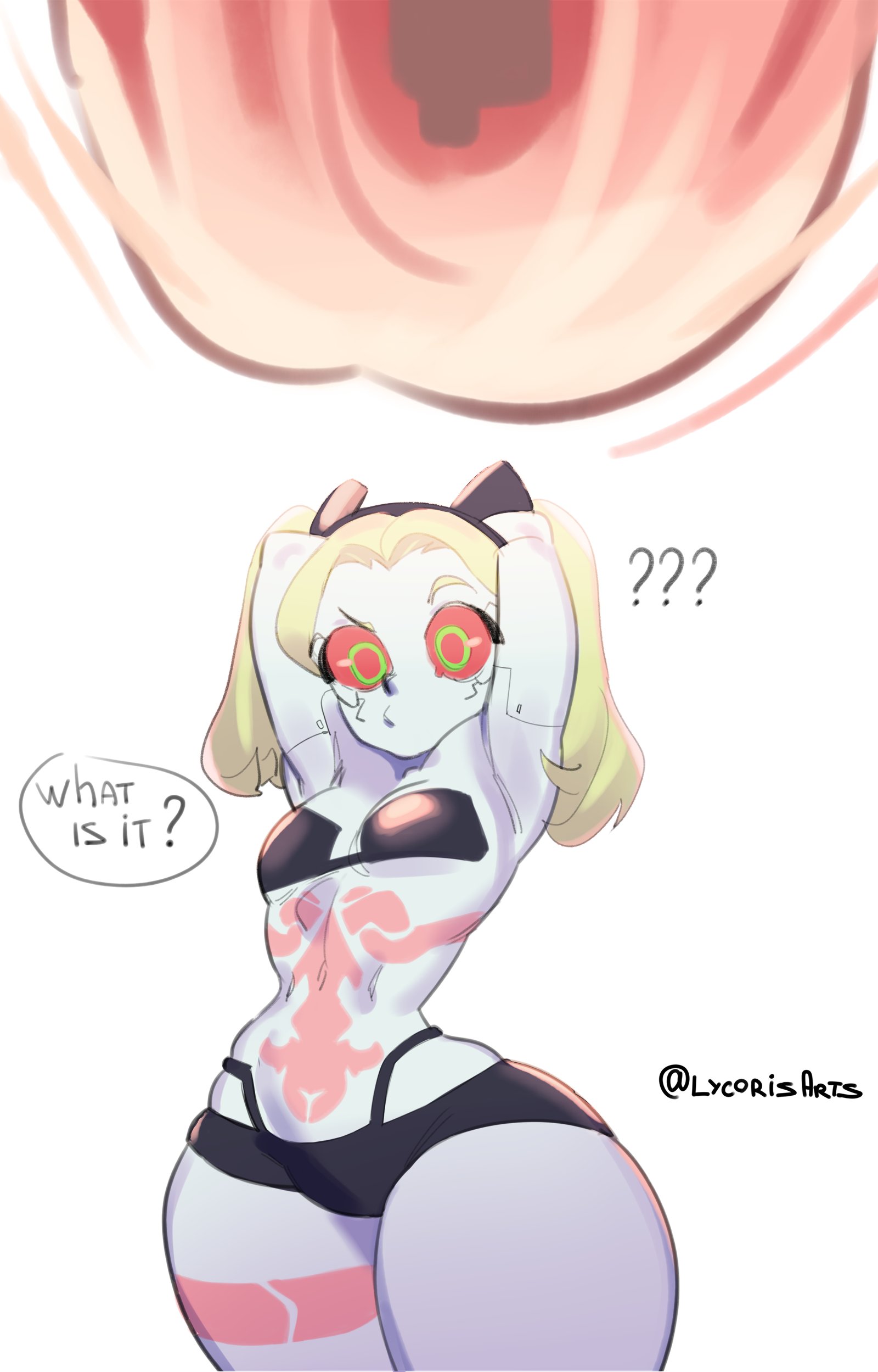 1girls, armpits, breasts, cybernetics, cyberpunk 2077, cyberpunk: edgerunners, cyborg, english text, female, female only, green eyes, incoming attack, long hair, lycoris (artist), rebecca (edgerunners), red sclera, small breasts, small nose, speech bubble, standing, text, thick thighs, thighs, twintails, very small nose, wide hips