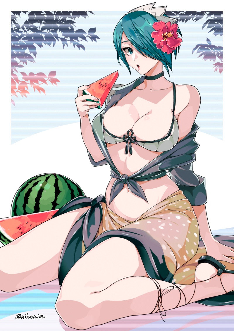 1girls alternate_costume bikini blue_hair breasts cleavage commission eating female female_only fire_emblem fire_emblem_fates flower food fruit grey_bikini grey_swimsuit hair_flower hair_ornament hair_over_one_eye holding holding_food large_breasts looking_at_viewer minchia nintendo sarong setsuna_(fire_emblem) skeb_commission solo summer swimsuit watermelon watermelon_slice