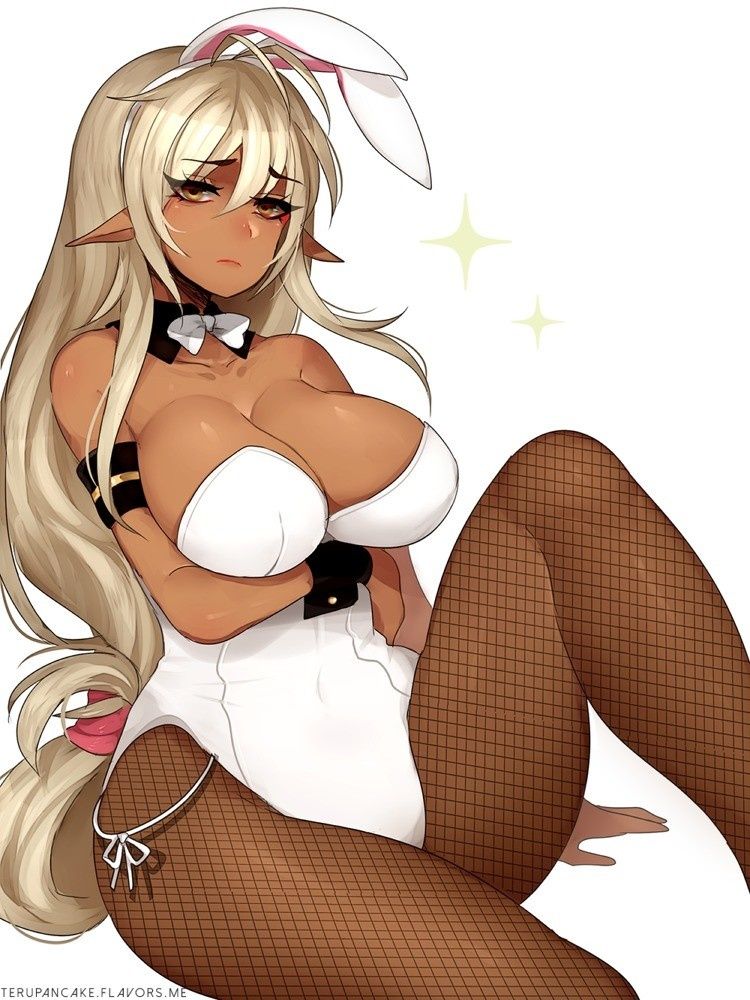 1girls big_breasts blonde_hair bowtie breasts bunny_ears bunny_girl bunnysuit cleavage curvaceous curvy curvy_figure dark-skinned_female dark_skin elf female female_focus female_only fishnets frown large_breasts long_ears long_hair looking_at_viewer sitting solo solo_female solo_focus terupancake