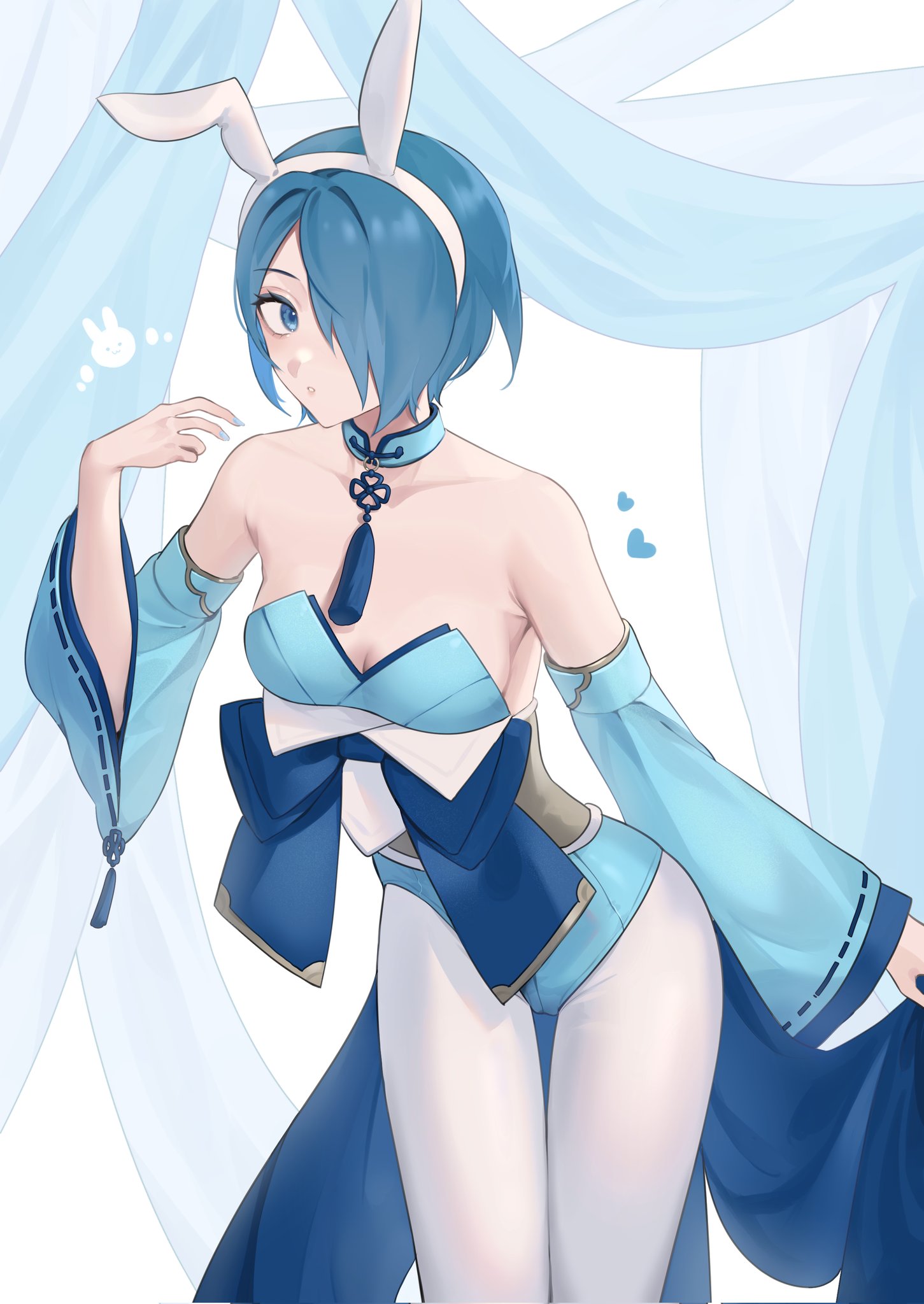 1girls, alternate costume, background, blue eyes, blue hair, blue nails, breasts, bunny ears, bunny girl, bunnysuit, choker, female, female only, fire emblem, fire emblem fates, medium breasts, nintendo, one eye covered, sakuramotikun, setsuna (fire emblem), solo