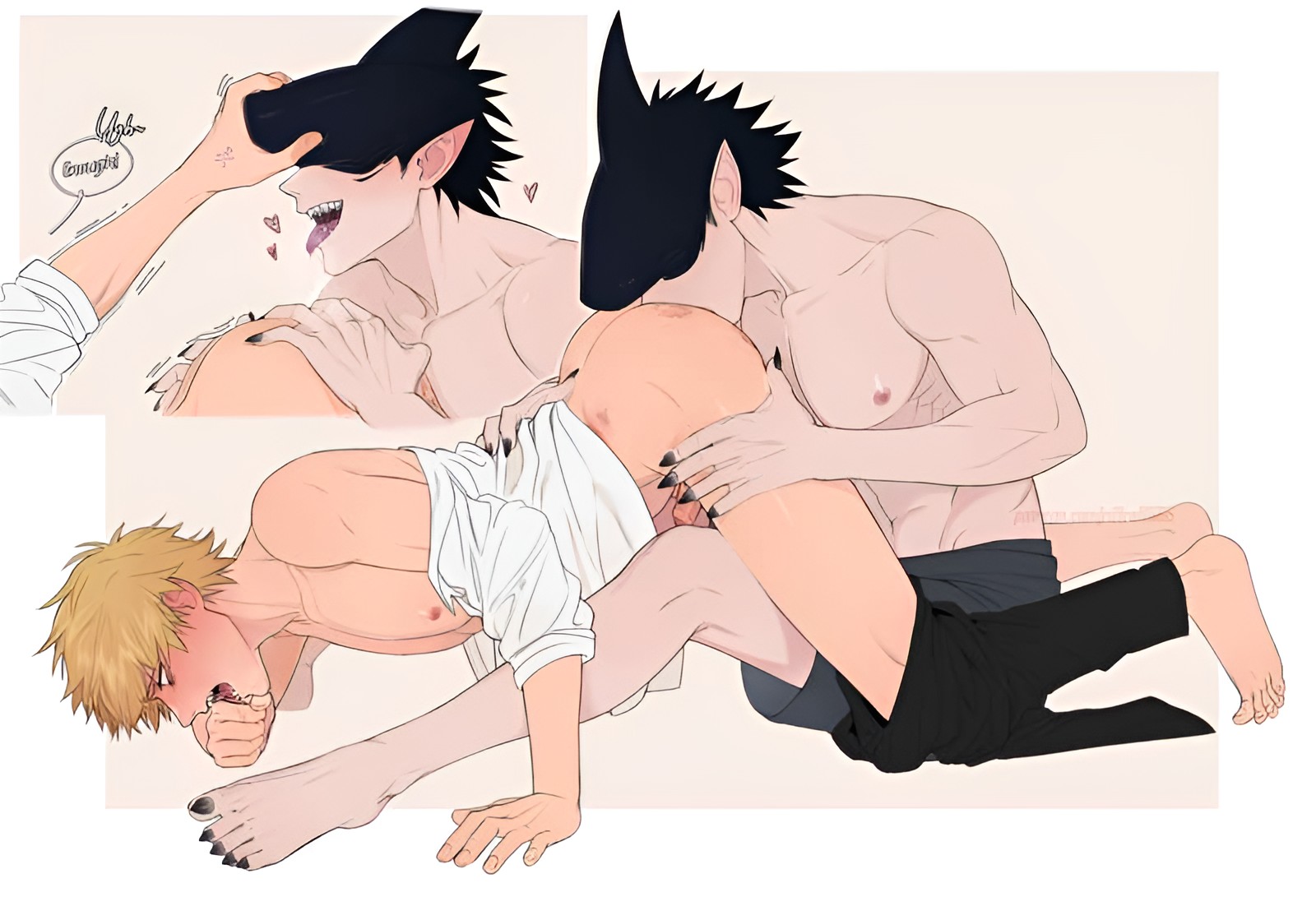 2boys, all fours, beam (chainsaw man), chainsaw man, denji (chainsaw man), gay, male, male only, riffraff, riffraffhellyea, rimjob, rimming male, sharp teeth, yaoi