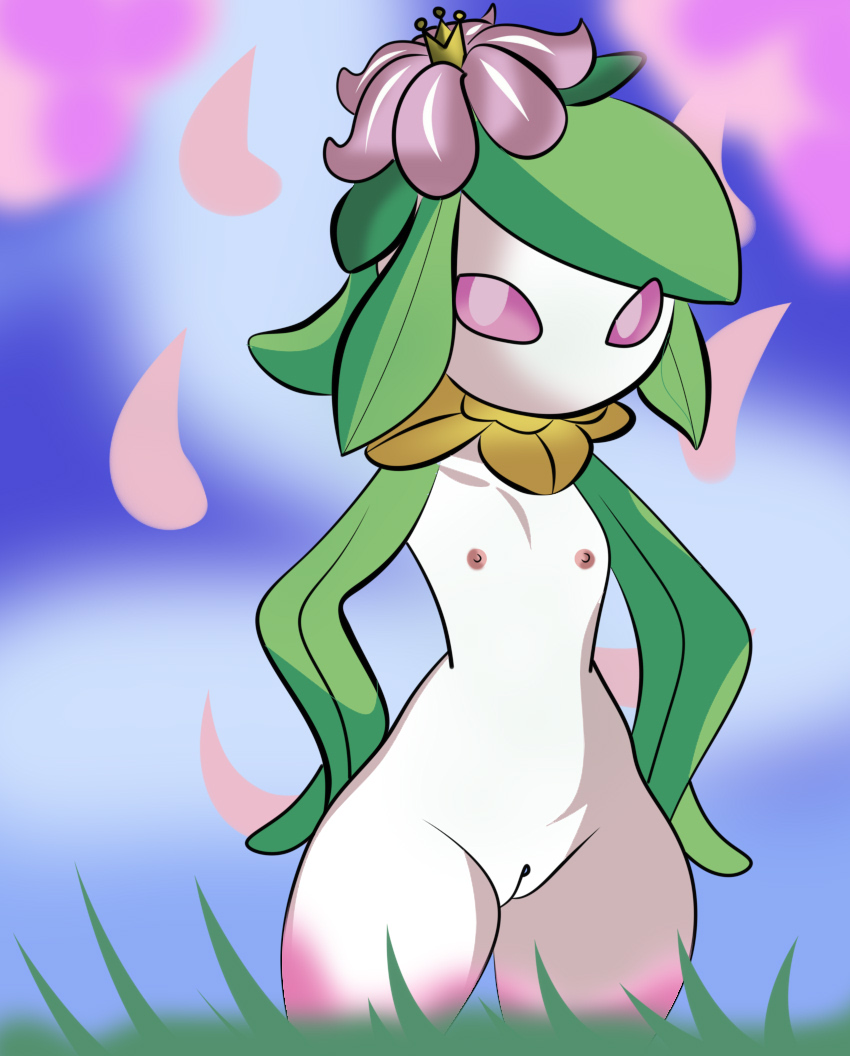 blurry_background flat_chest grass lilligant pink_eyes plant_girl pokemon tagme wide_hips