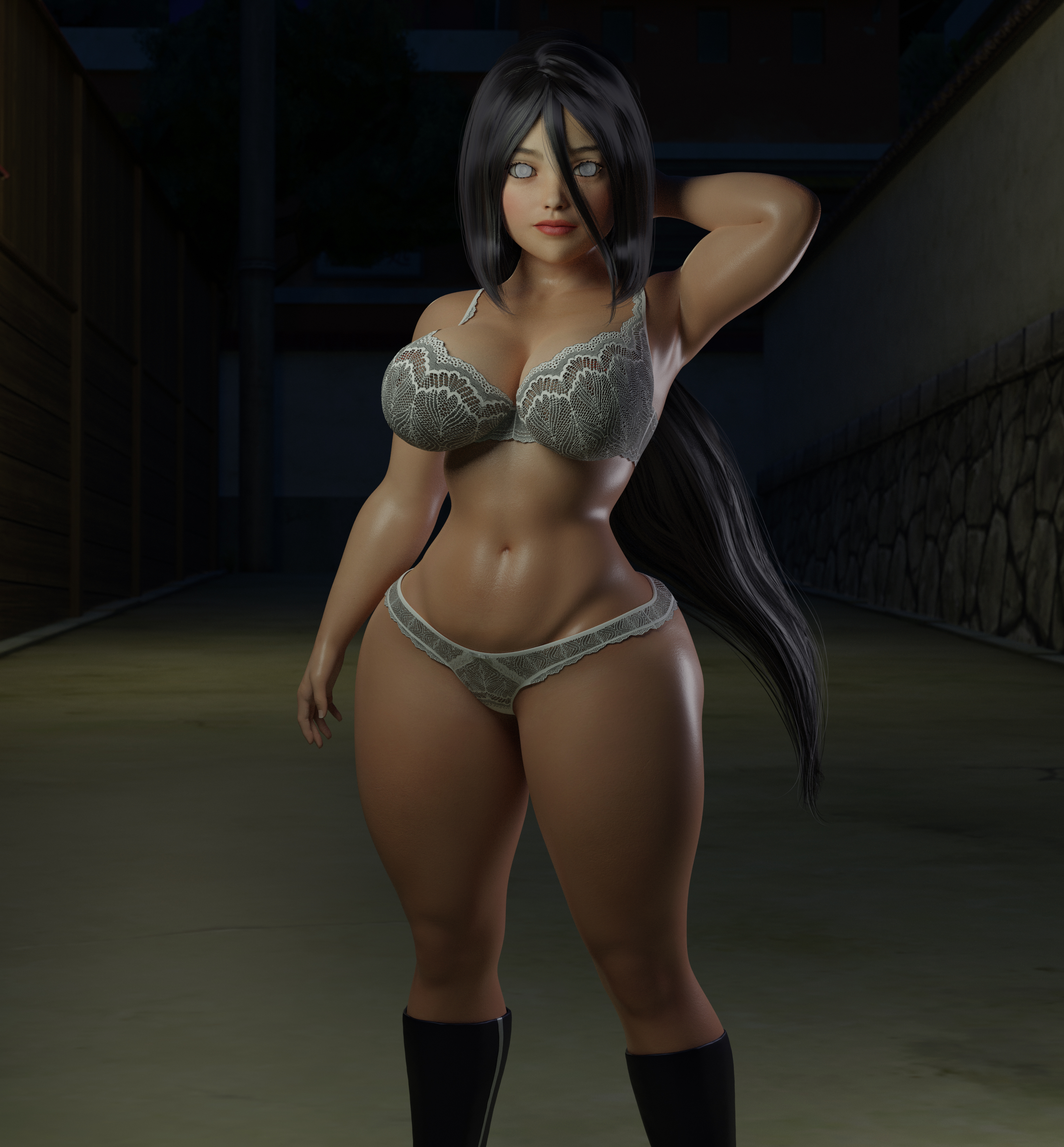 1girls, 3d, arm behind head, arm up, boruto: naruto next generations, bra, breasts, brown hair, busty, cleavage, cursedmadara, feet out of frame, female, female only, hair between eyes, hyuuga hanabi, lavender eyes, long hair, looking at viewer, midriff, naruto, naruto (series), panties, ponytail, solo, solo focus, standing, tied hair, underwear, voluptuous, wide hips