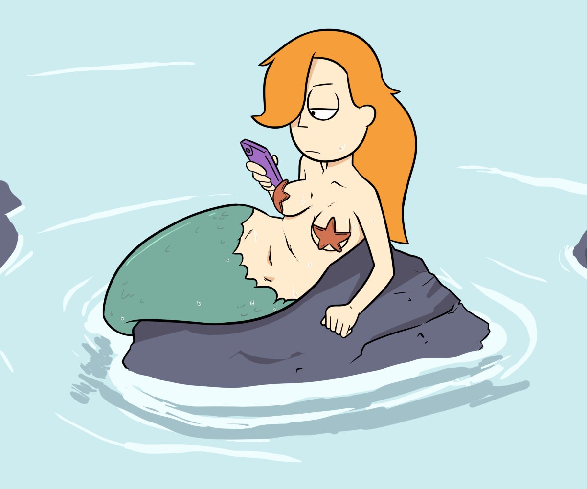 2girls, areola, areolae, big nipples, breasts, brown hair, female, female only, long hair, merfolk, mermaid, multiple females, multiple girls, nipples, orange hair, rick and morty, rock, starfish pasties, summer smith, terrible the drawfag, water