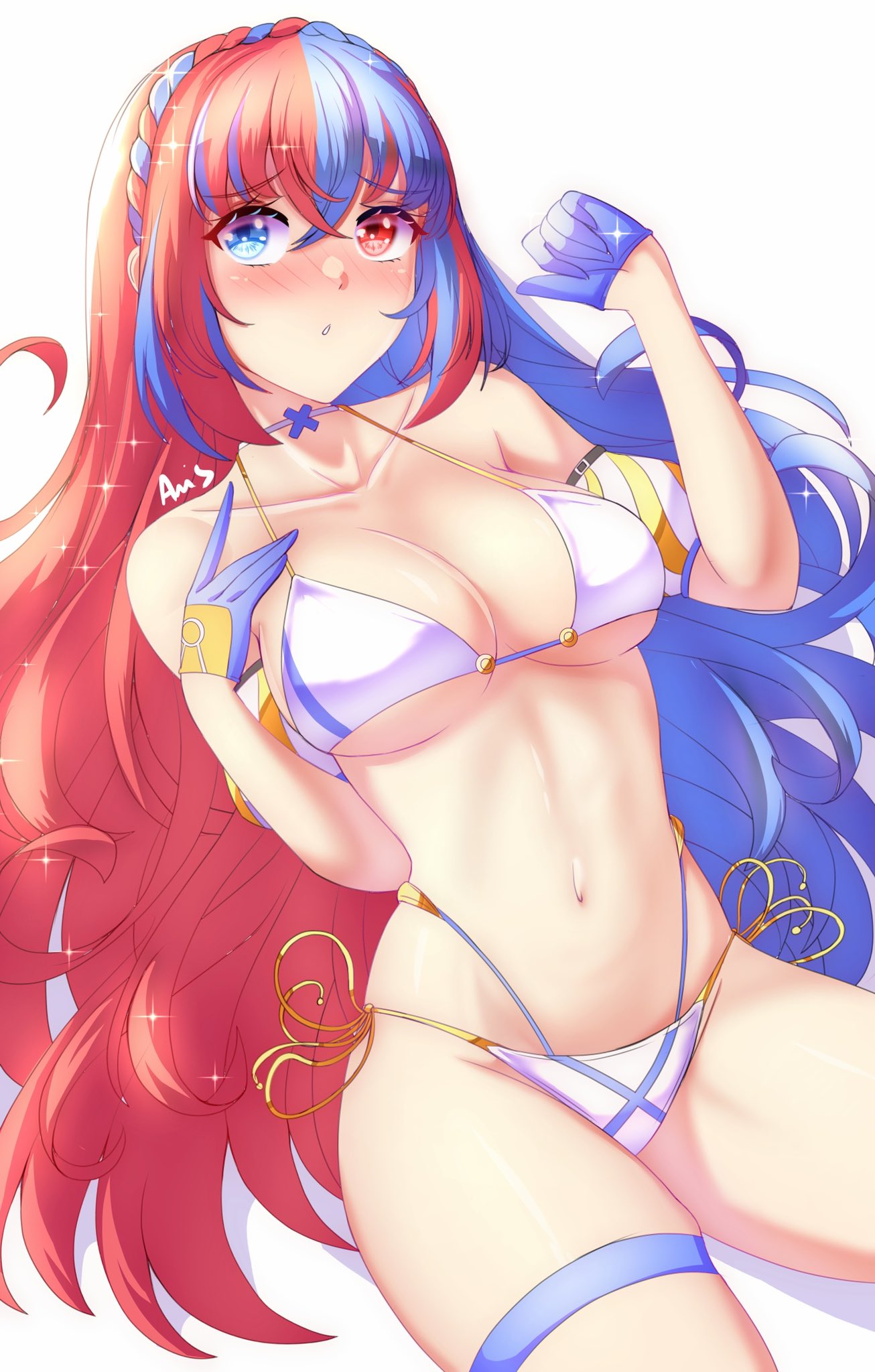 1girls, alear (fire emblem), alear (fire emblem) (female), alternate costume, anisdrawn, bikini, blue eyes, blue gloves, blue hair, blush, braid, breasts, cleavage, crown braid, female, female only, fire emblem, fire emblem engage, gloves, heterochromia, highres, large breasts, long hair, multicolored hair, navel, nintendo, red eyes, red hair, swimsuit, two-tone hair, very long hair, white bikini, white swimsuit
