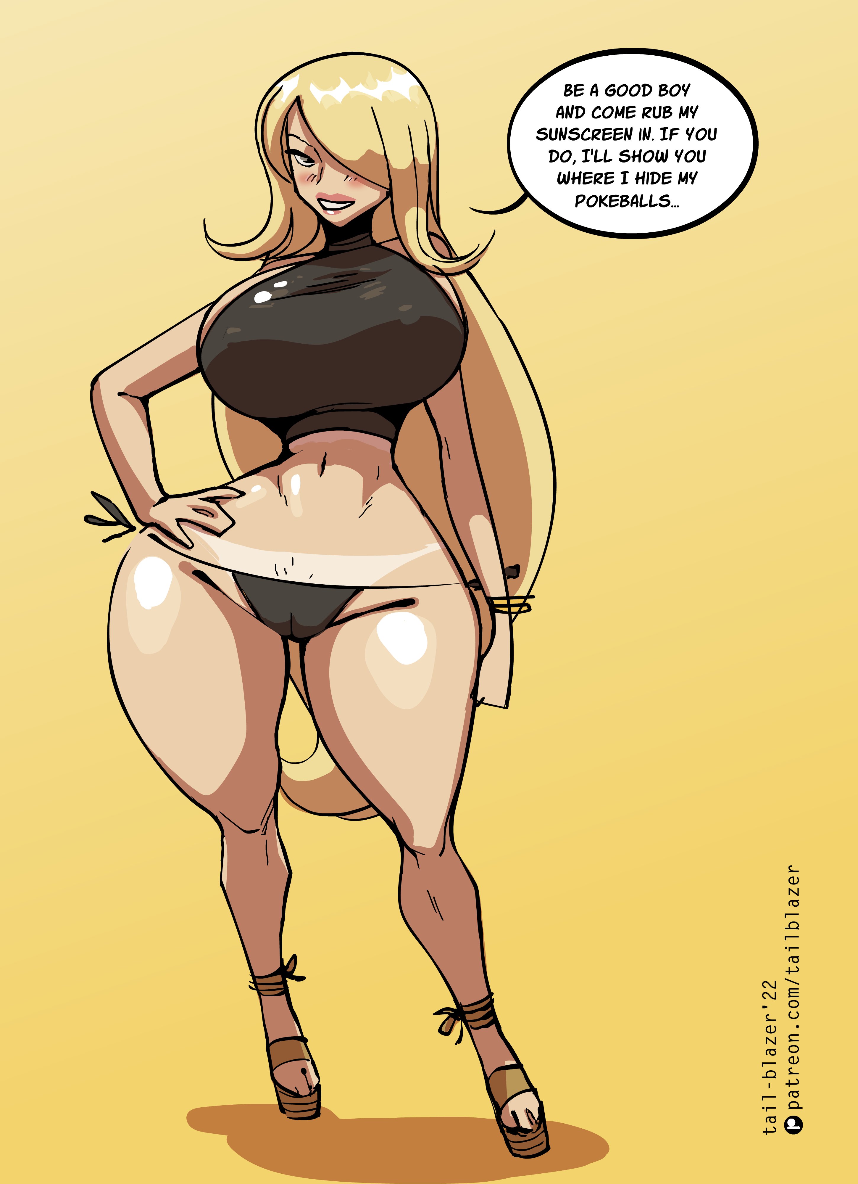 1girls, 2022, alternate version available, ass, big ass, big breasts, big butt, big hips, big thighs, bikini, bikini bottom, black eyes, blonde hair, breasts, cleavage, cynthia (pokemon), english text, female, female focus, female only, hourglass figure, huge ass, huge breasts, huge butt, huge hips, huge thighs, human, human only, large ass, large breasts, large butt, looking at viewer, nintendo, pokemon, pussy, smile, solo, solo female, swimsuit, tail-blazer, talking to viewer, tanned, tanned skin, text, thick thighs, thighs, wide hips