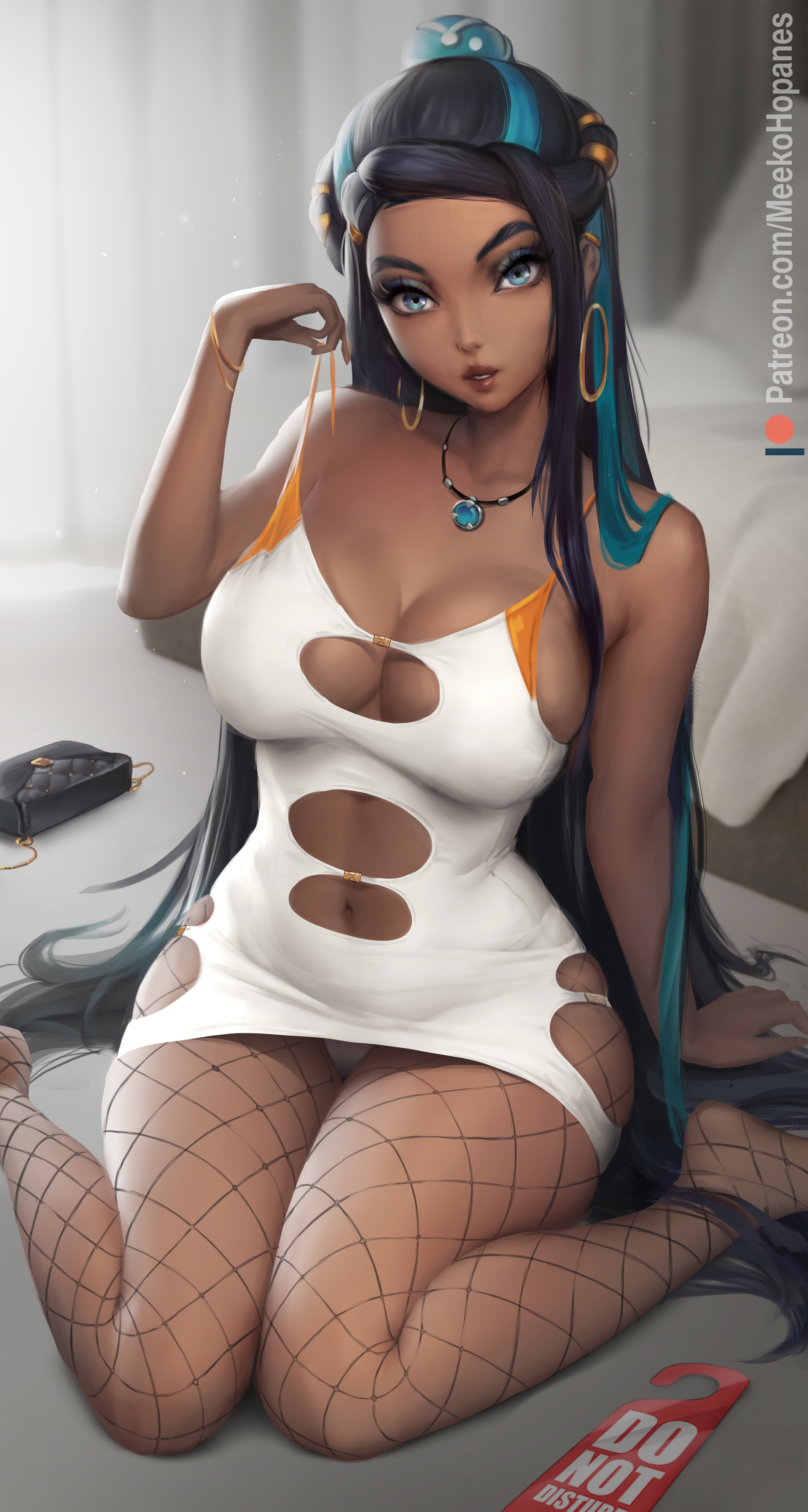 1girls, 2022, black hair, blue eyes, breasts, brown skin, dark skin, dark-skinned female, female, female only, fishnets, hair ornament, hartman hips, hi res, hips, hoop earrings, kneeling, large breasts, long hair, looking at viewer, meekohopanes, nessa (pokemon), nintendo, pokemon, pokemon ss, slim waist, tagme, thick thighs, thighs, video game, video game character, video games, white clothing, wide hips