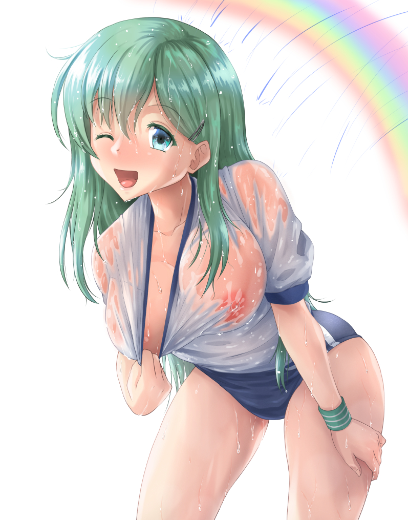 aqua_eyes aqua_hair areola_slip blue_buruma blush breasts buruma cocoa_(cocoa0191) covered_nipples female gym_shirt gym_uniform hair_between_eyes hair_ornament hairclip kantai_collection large_breasts long_hair looking_at_viewer one_eye_closed open_mouth rainbow see-through shirt short_sleeves smile solo suzuya_(kantai_collection) wet wet_clothes white_shirt