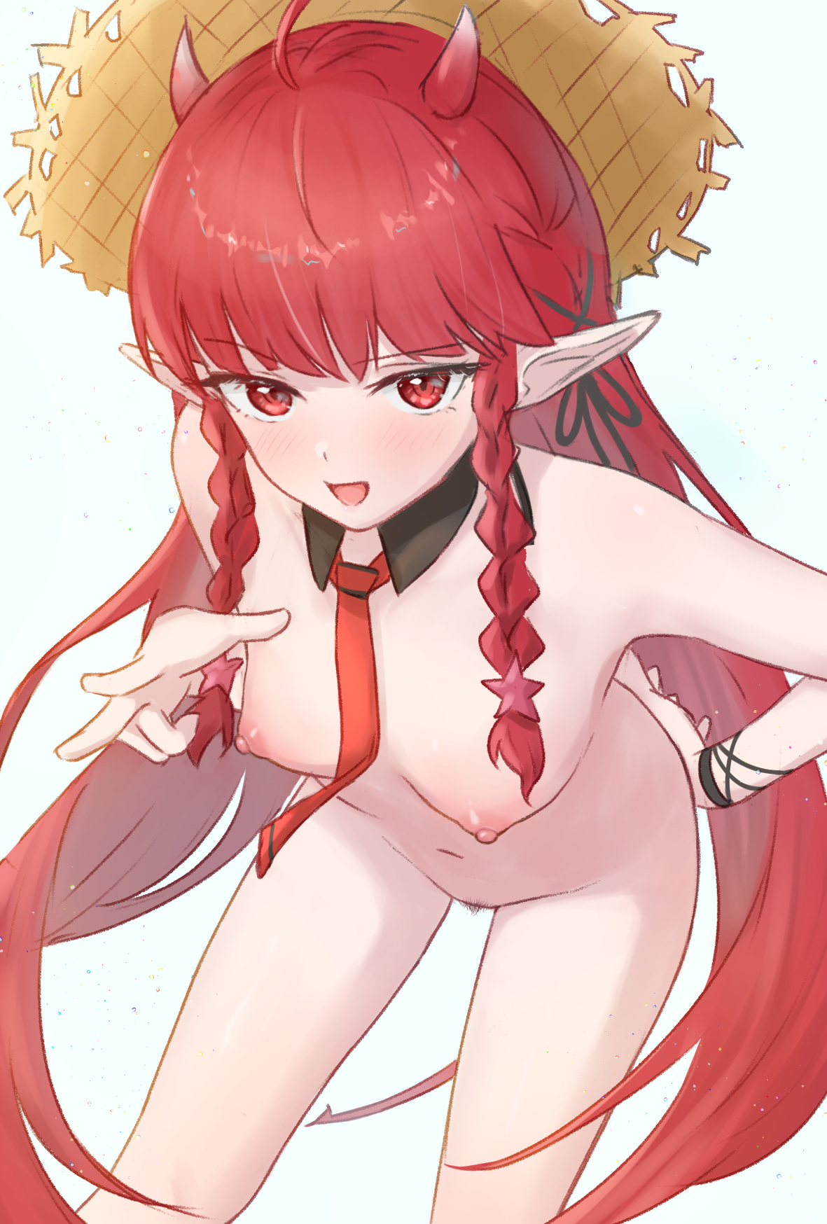 1girls, arknights, female, flat chest, horns, nude, pigtails, pointy ears, realistic breast size, red hair, runyo (yale12312), small breasts, solo, vigna (arknights)