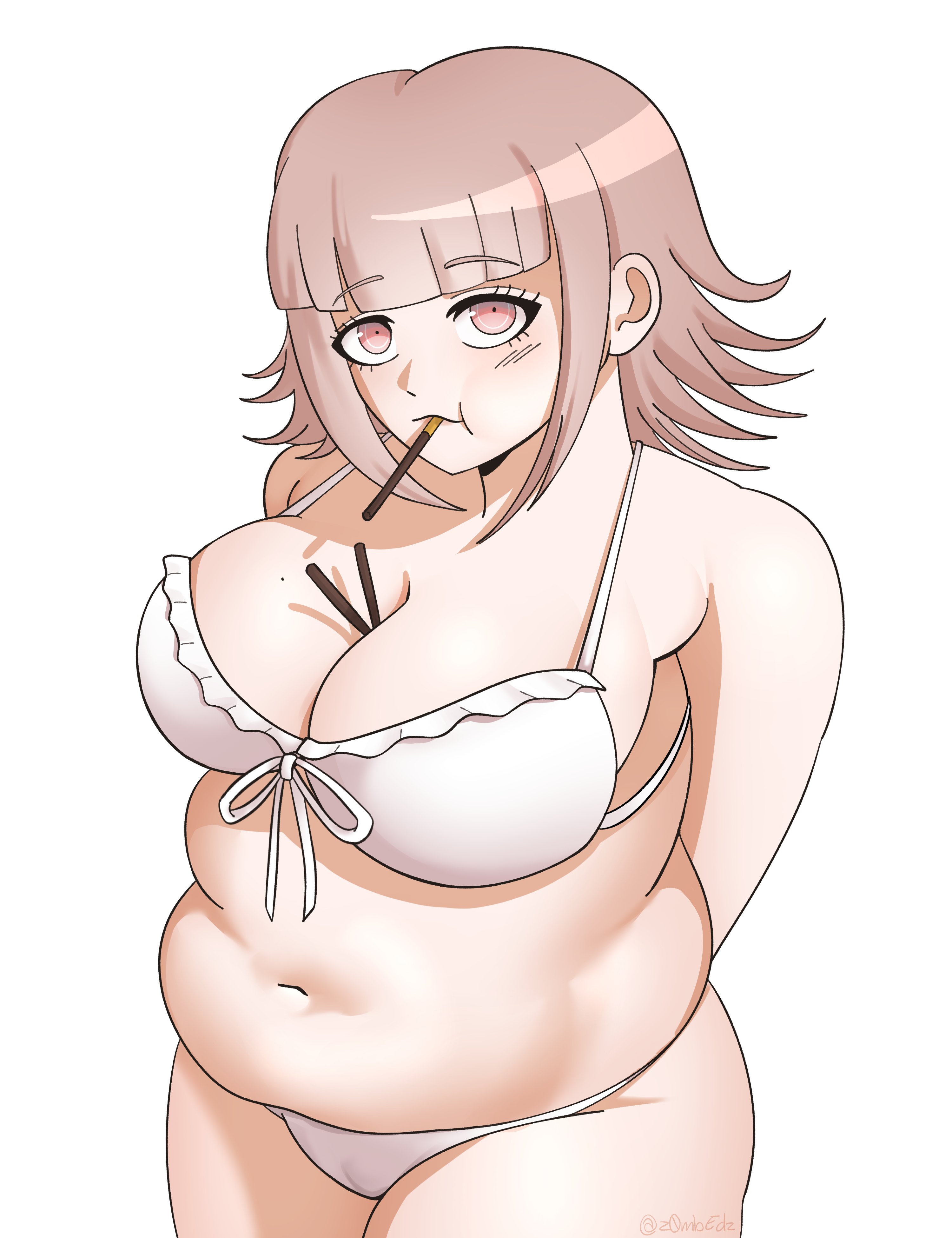 bbw, bikini, bikini only, danganronpa, danganronpa 2: goodbye despair, eating, fat, fat female, female, huge breasts, mole on breast, nanami chiaki, pink eyes, pink hair, pussy visible through clothes, staring at viewer, z0mbedz (artist)