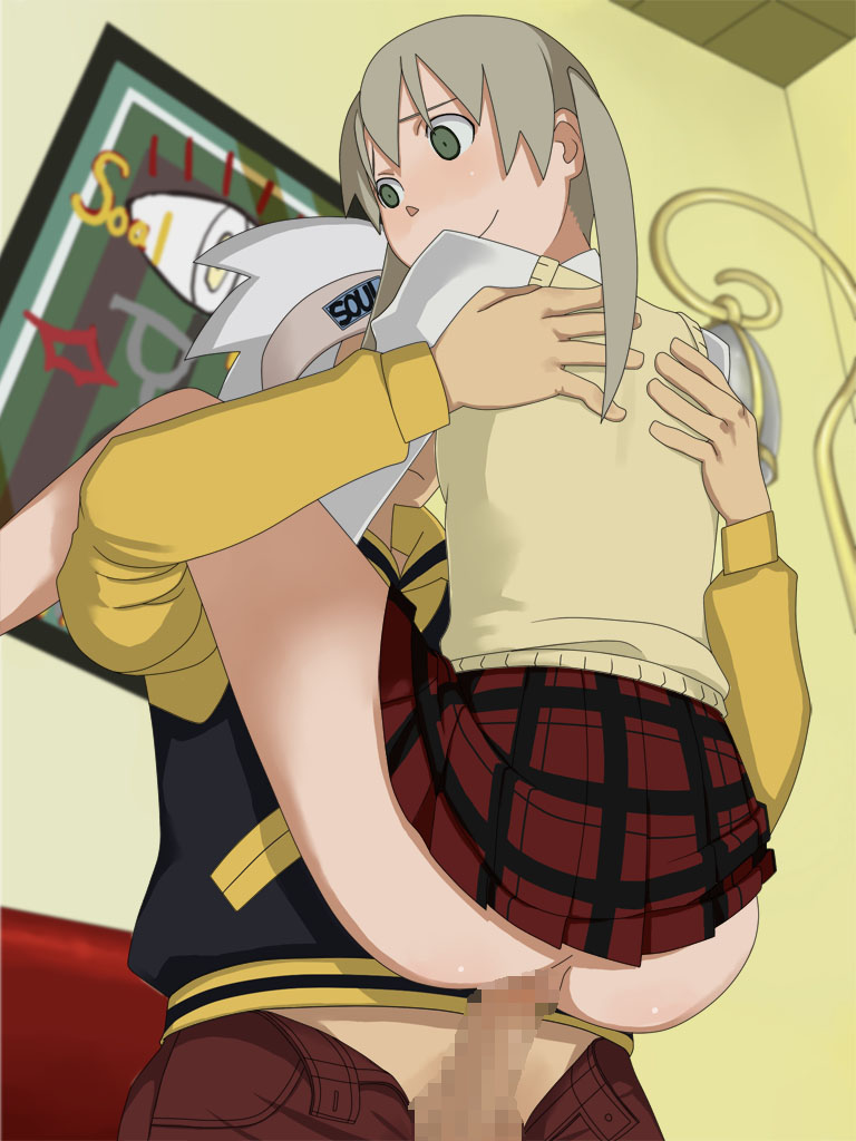 art ass blonde_hair blush censored clothed_sex clothing green_eyes hands happy_sex headband jacket living_room long_hair long_sleeve maka_albarn mosaic_censoring nude painting penis school_uniform schoolgirl sex skirt skirt_lift smile soul_eater soul_eater_evans sweater white_hair