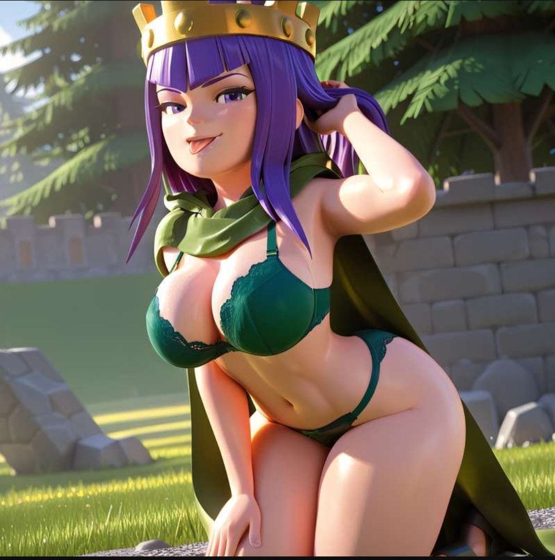 1girls, 3d, 3d (artwork), 3d artwork, absurd res, absurd resolution, absurdres, ai generated, archer queen (clash of clans), archer queen (clash royale), artist request, ass, athletic, athletic body, athletic female, belly, belly button, big ass, big breasts, big butt, blush, blushed face, blushing at viewer, blushing female, breasts, brick wall, busty, busty female, busty girl, cape, clash (series), clash of clans, clash royale, crown, curvaceous, curvaceous female, curvaceous figure, curvy, curvy body, curvy female, curvy figure, curvy hips, cute, cute expression, cute eyes, cute face, cute female, ears, female, female only, female solo, front view, grass, grass field, green cape, half-closed eyes, hand on head, headwear, hi res, high quality, high resolution, highres, huge ass, huge breasts, large ass, large breasts, large butt, legs, long hair, looking at viewer, open mouth, open smile, purple eyes, purple hair, seductive, seductive body, seductive eyes, seductive look, seductive mouth, seductive smile, sideboob, slim waist, small waist, smile, smiling, smiling at viewer, solo female, standing, supercell, supercell (company), teeth, teeth showing, teeth visible, thick thighs, thighs, thin waist, tongue, tongue out, tree, trees, upper teeth, upper teeth only, wall, wall (structure)