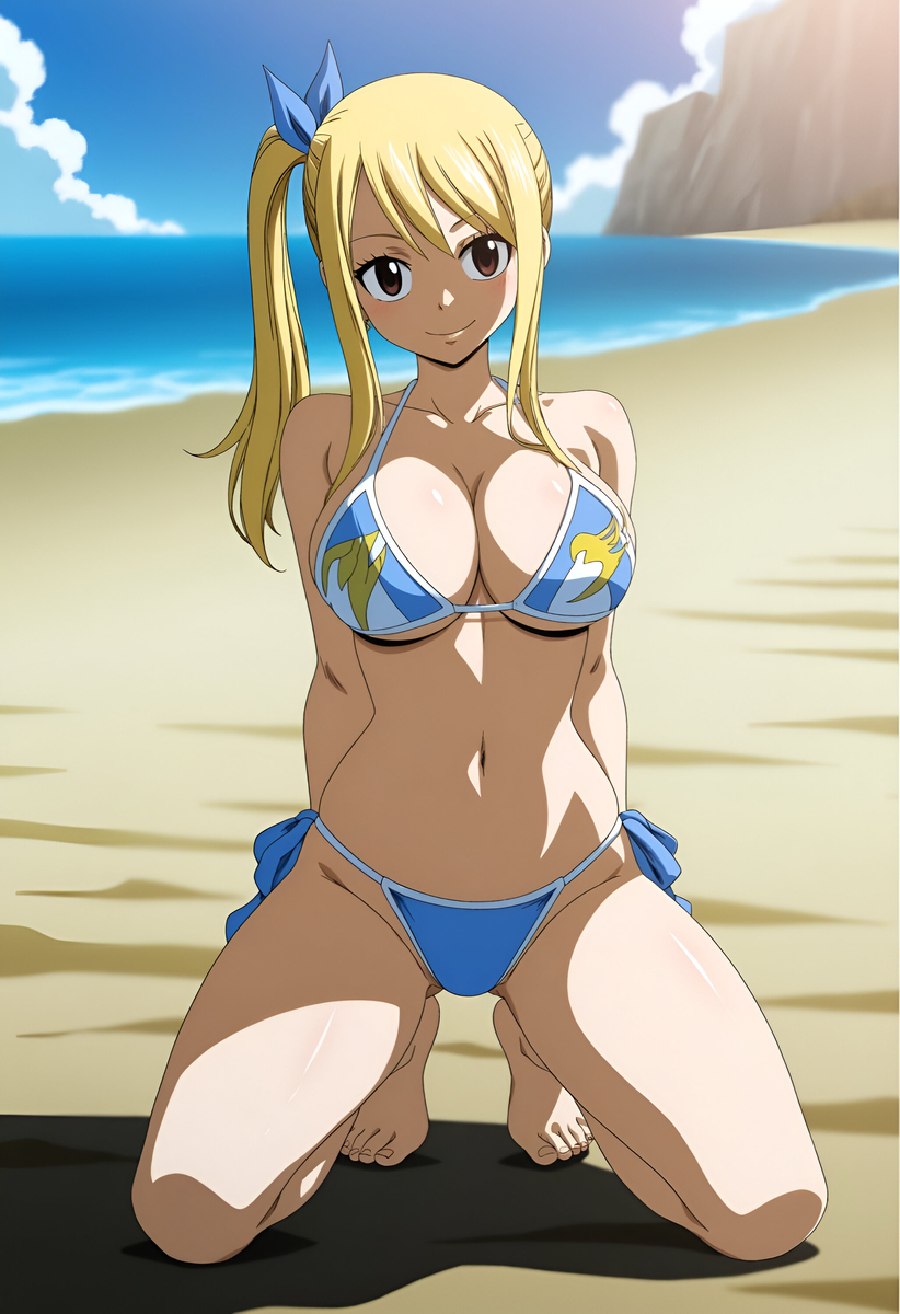 1girls, accurate art style, ai generated, big breasts, bikini, blonde hair, blonde-haired female, breasts, cleavage, clothed, clothed female, duderu vanilla, fairy tail, female, female only, kneeling, linea alba, lucy heartfilia, pale skin, solo, swimsuit