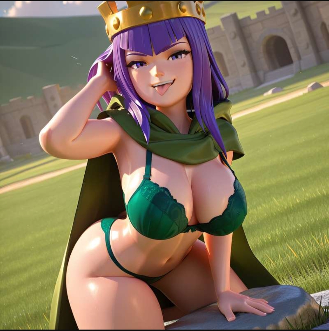 1girls, 3d, 3d (artwork), 3d artwork, absurd res, absurd resolution, absurdres, ai generated, archer queen (clash of clans), archer queen (clash royale), artist request, ass, athletic, athletic body, athletic female, belly, belly button, big ass, big breasts, big butt, blush, blushed face, blushing at viewer, blushing female, breasts, brick wall, busty, busty female, busty girl, cape, clash (series), clash of clans, clash royale, crown, curvaceous, curvaceous female, curvaceous figure, curvy, curvy body, curvy female, curvy figure, curvy hips, cute, cute expression, cute eyes, cute face, cute female, ears, female, female only, female solo, front view, grass, grass field, green cape, half-closed eyes, hand on head, headwear, hi res, high quality, high resolution, highres, huge ass, huge breasts, large ass, large breasts, large butt, legs, long hair, looking at viewer, open mouth, open smile, purple eyes, purple hair, seductive, seductive body, seductive eyes, seductive look, seductive mouth, seductive smile, sideboob, slim waist, small waist, smile, smiling, smiling at viewer, solo female, standing, supercell, supercell (company), teeth, teeth showing, teeth visible, thick thighs, thighs, thin waist, tongue, tongue out, tree, trees, upper teeth, upper teeth only, wall, wall (structure)
