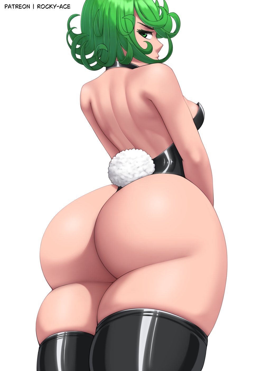 1girls, alternate version available, artist signature, ass, ass focus, bare back, black legwear, blush, breasts, bubble ass, bubble butt, bunny girl, bunny tail, bunnysuit, digital media (artwork), female, female only, green eyes, green hair, highres, huge ass, light skin, light-skinned female, one-punch man, rocky-ace, short hair, sideboob, solo, tatsumaki, thick thighs, thighhighs, thighs, wide hips
