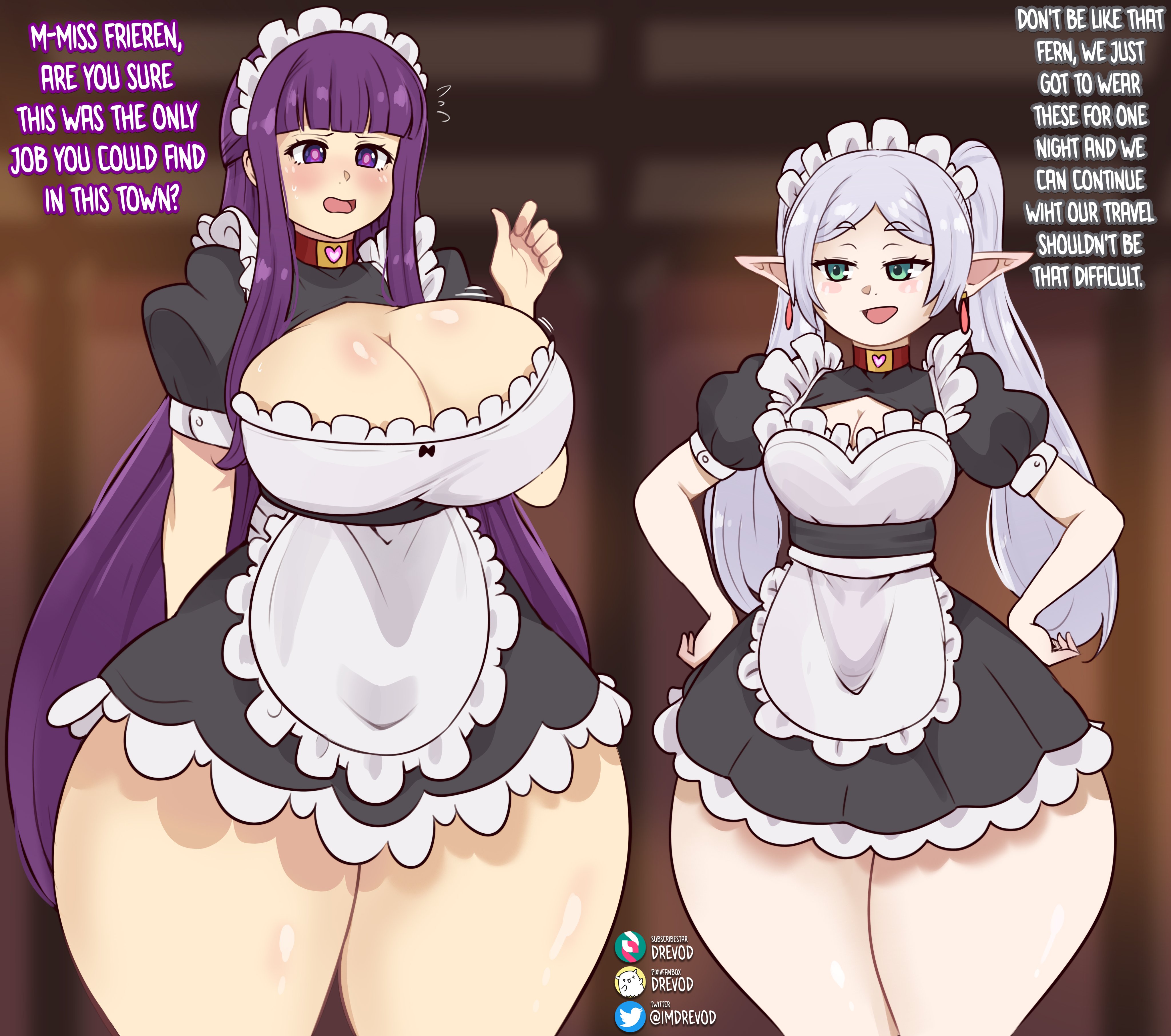 2girls, breasts, drevod, elf, elf ears, elf female, english text, female, female focus, female only, fern (sousou no frieren), frieren, large breasts, light skin, light-skinned female, maid uniform, small breasts, sousou no frieren, text, thick thighs, thighs, wide hips