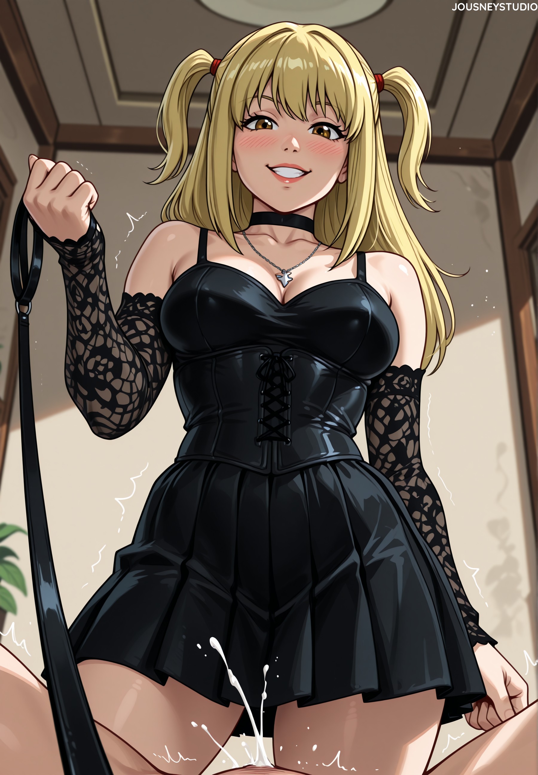 1boy, 2girls, ai generated, amane misa, artist name, bare shoulders, black choker, black dress, black sleeves, blonde hair, blush, breasts, brown eyes, choker, cleavage, clothed female nude male, clothing, collarbone, corset, cum, death note, detached sleeves, dress, ejaculation, fairy tail, female, female ejaculation, female pov, femdom, from below, grin, holding, holding leash, indoors, jewelry, jousneystudio, large breasts, leash, long hair, looking at viewer, lucy heartfilia, male, misa amane, multiple girls, necklace, nude, patreon username, penis, pov crotch, pussy juice, sex, smile, solo focus, straight, teeth, thighs, trembling, two side up, web address, yuri
