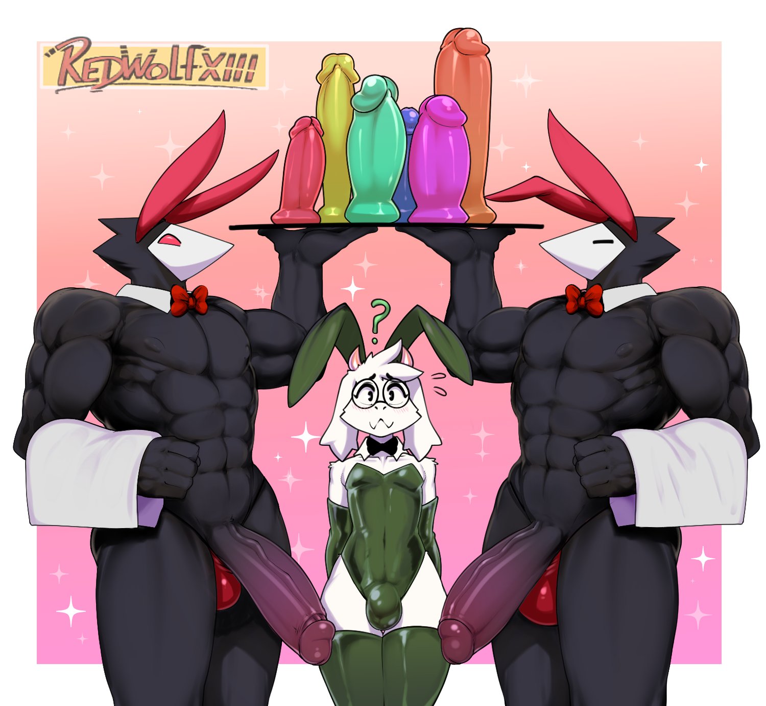 2025, abs, anthro, biceps, big penis, black body, black nipples, border, bovid, bow, bulge, bunny costume, bunnysuit, butler, caprine, clothed, clothing, costume, deltarune, digital media (artwork), dildo, eyewear, fake ears, fake rabbit ears, femboy, fingers, fur, furry, furry femboy, furry male, furry only, genitals, glasses, group, hand, hi res, holding dildo, holding object, holding plate, holding sex toy, larger male, latex, latex clothing, legwear, male, mammal, mostly nude, muscular, muscular male, navel, nipples, pecs, penis, question mark, ralsei, redwolfxiii, round glasses, sex toy, simple background, size difference, skimpy, sparkles, standing, swatchling (deltarune), thigh highs, tie, towel, trio, undertale (series), vein, veiny penis, watermark, white body, white border, white fur