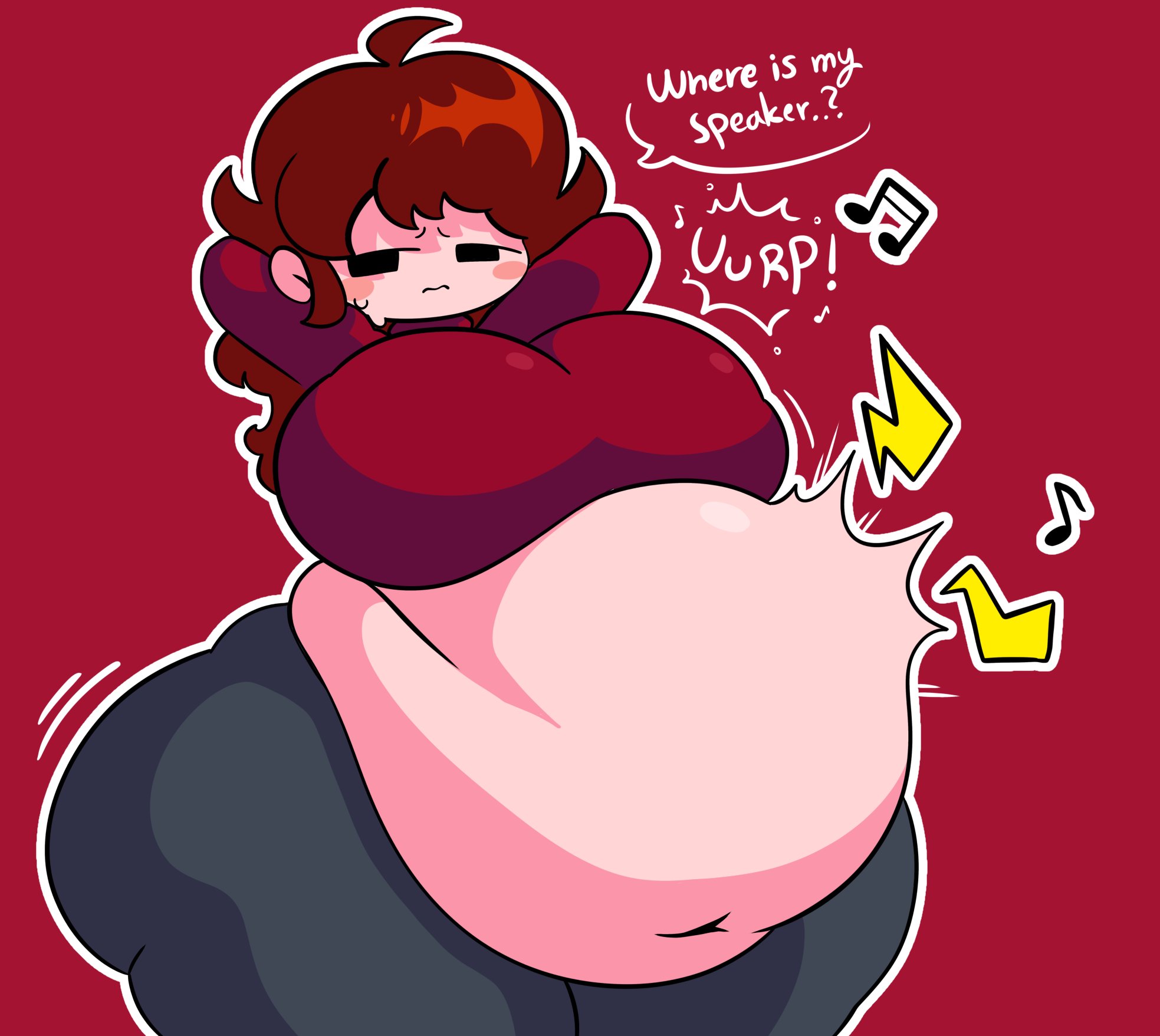 big breasts, burping, chubby female, clothed, faker gf (friday night funkin), fat, friday night funkin, friday night funkin mod, gh 07 09, ginger female, ginger hair, girlfriend (friday night funkin), hyper, hyper belly, hyper breasts, object vore, presenting belly, shanny1207, vore, vore belly