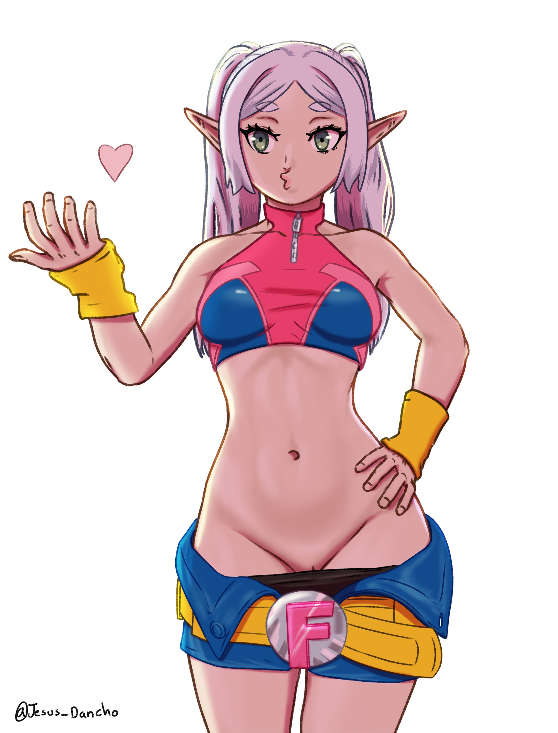 2d, clothed, cosplay, elf, elf ears, elf female, elf girl, female, female only, female torso, frieren, frieren beyond journey's end, jesus dancho, jubilee, jubilee (cosplay), jubilee (marvel rivals), marvel, marvel rivals, navel, petite body, petite female, pussy, pussy focus, pussy peek, silver hair, solo, tummy