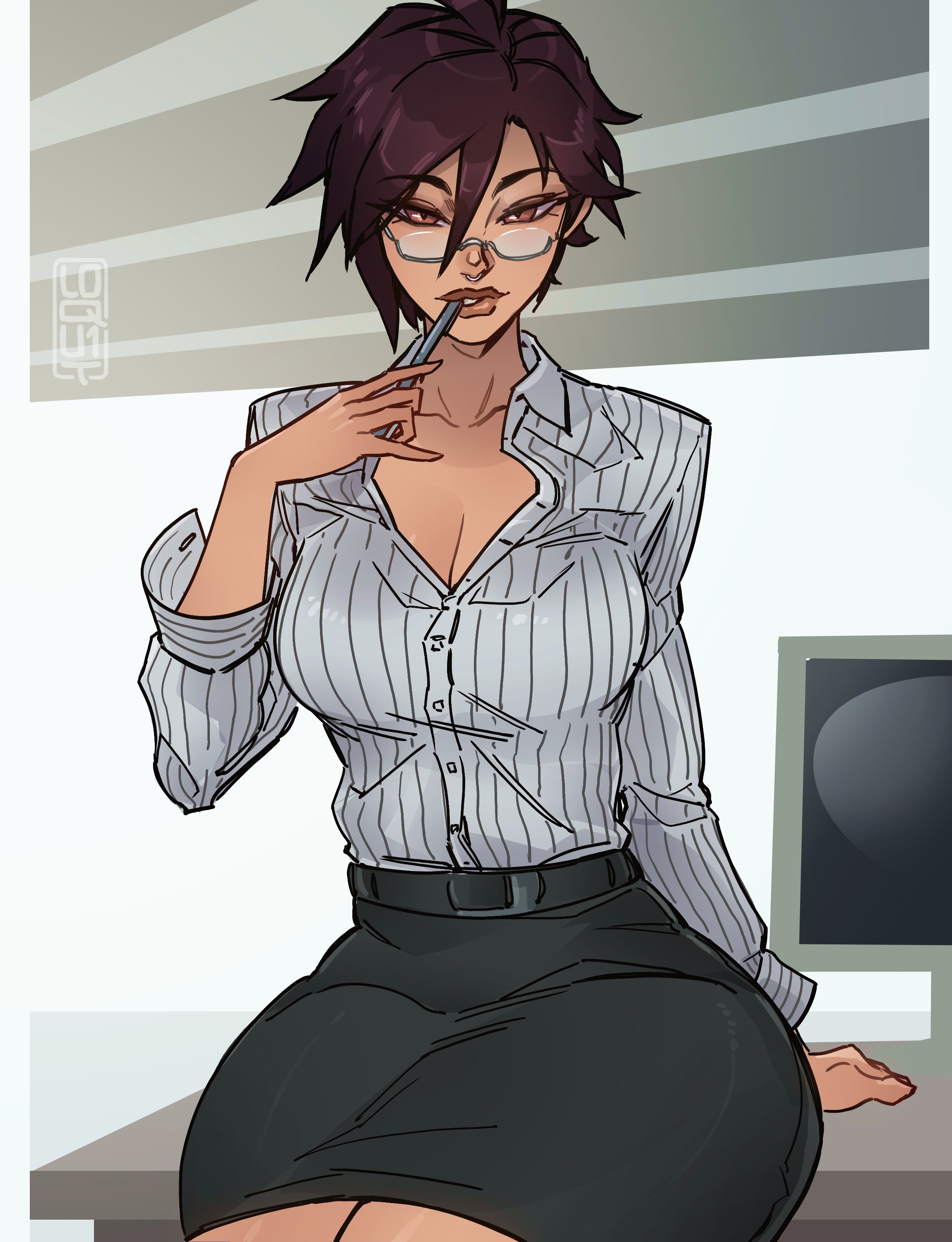 1girls, big breasts, child bearing hips, clothed, dispatch (game), female, female only, fully clothed, glasses, hips, invisigal, loqu1t, nose piercing, office, office clothing, office lady, seductive, seductive eyes, seductive look, short hair, tagme, thick thighs, thighs, tomboy, wide hips