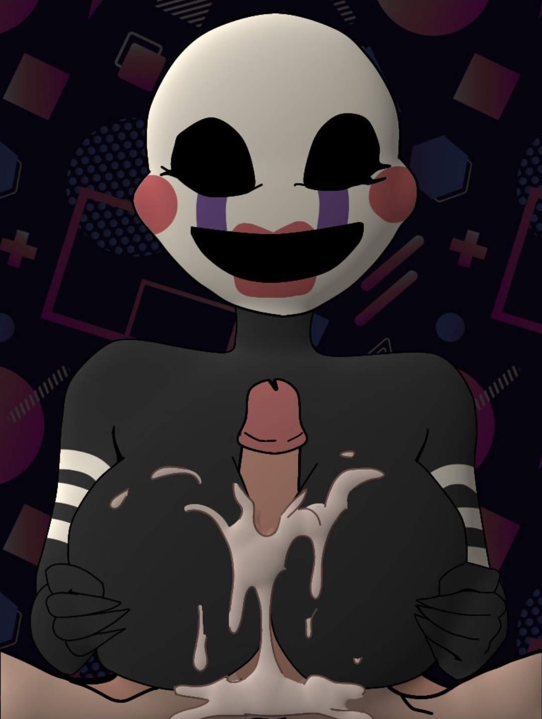 1boy, 1girls, alternate version available, anthro, breasts, classic fnaf 2 marionette, classic fnaf 2 puppet, cum, cum alt, cum on breasts, erection, female, five nights at freddy's, five nights at freddy's 2, hard on, male, marionette (fnaf), paizuri, penis, penis out, puppet (fnaf), smiling at viewer, straight, tagme, titjob, white pupils