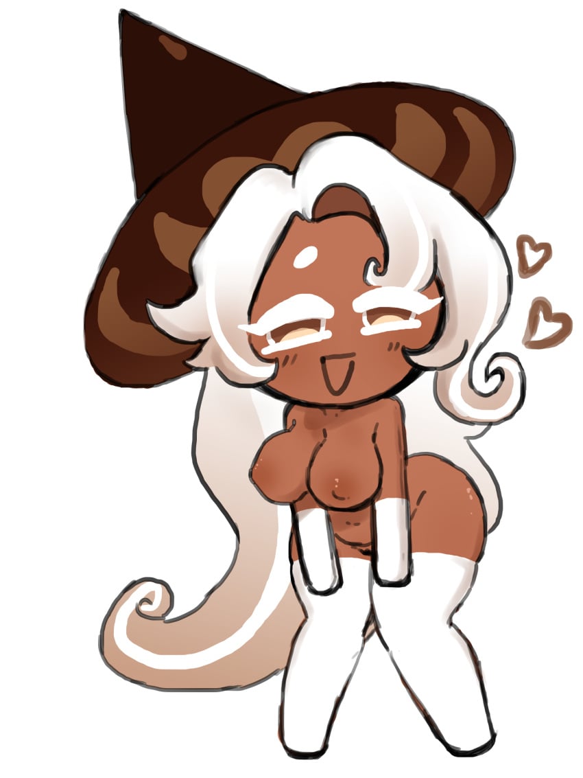 1girls, armwear, big ass, big breasts, big butt, blush, blush lines, blushing, boobs, breasts, breasts out, brown body, brown eyes, brown hair, brown hat, brown skin, caked up, clothing, cookie run, cookie run kingdom, dual colored hair, eyebrows, eyebrows visible through hair, eyelashes, female, female only, hands on thighs, hat, heart, heart symbol, hearts, latte cookie (cookie run), long hair, looking at viewer, magpieredd, no artist signature, open mouth, solo, solo female, thighhighs, thighs, very long hair, white background, white hair, white thighhighs, witch hat, yellow eyes