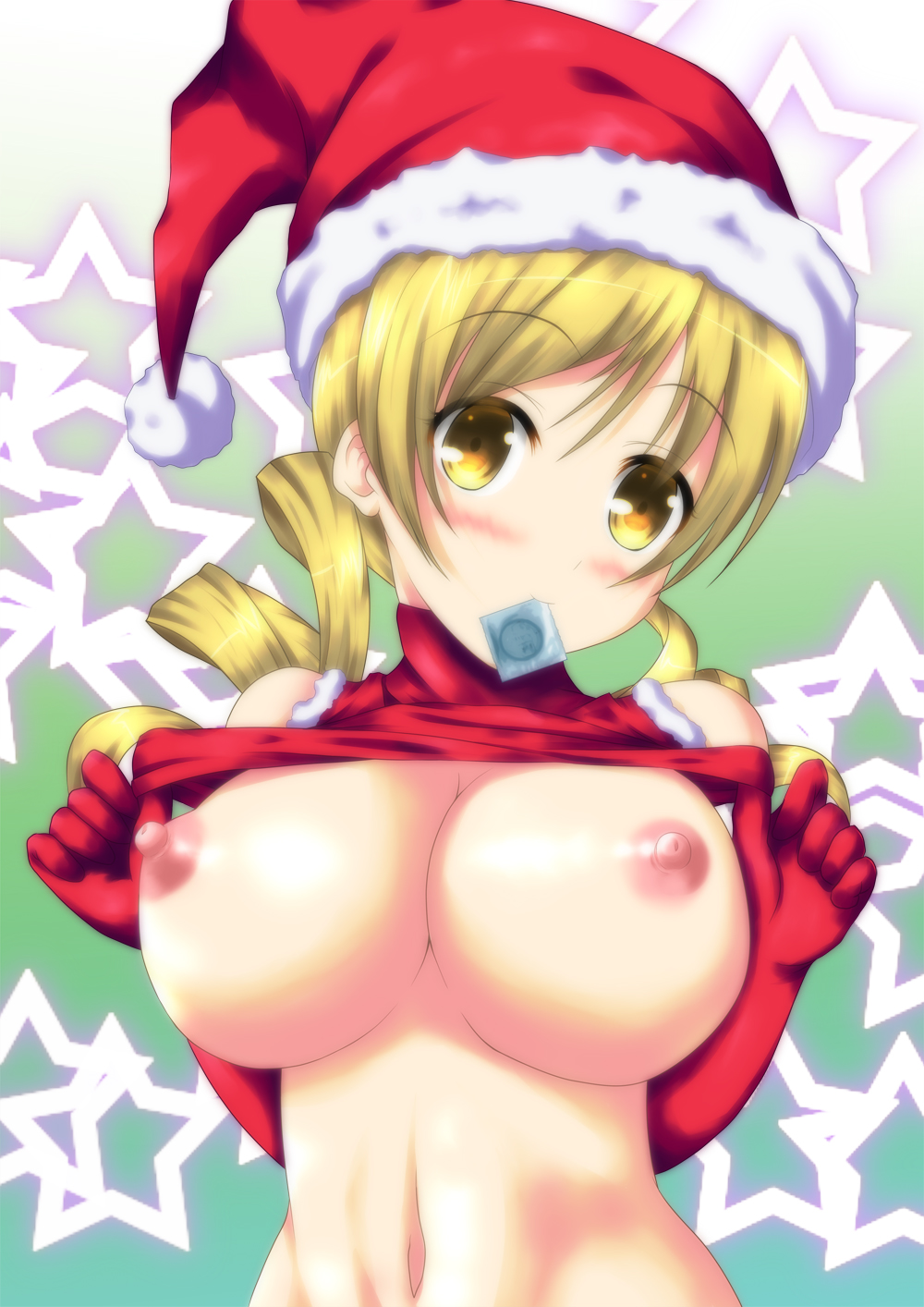 blonde_hair blush bottomless breasts condom condom_in_mouth drill_hair female female_only gloves hat highres human kiriko_crown_(956098) long_hair looking_at_viewer mahou_shoujo_madoka_magica mouth_hold nipples red_gloves santa_costume santa_gloves santa_hat shirt_lift solo tied_hair tomoe_mami twin_drills twintails yellow_eyes