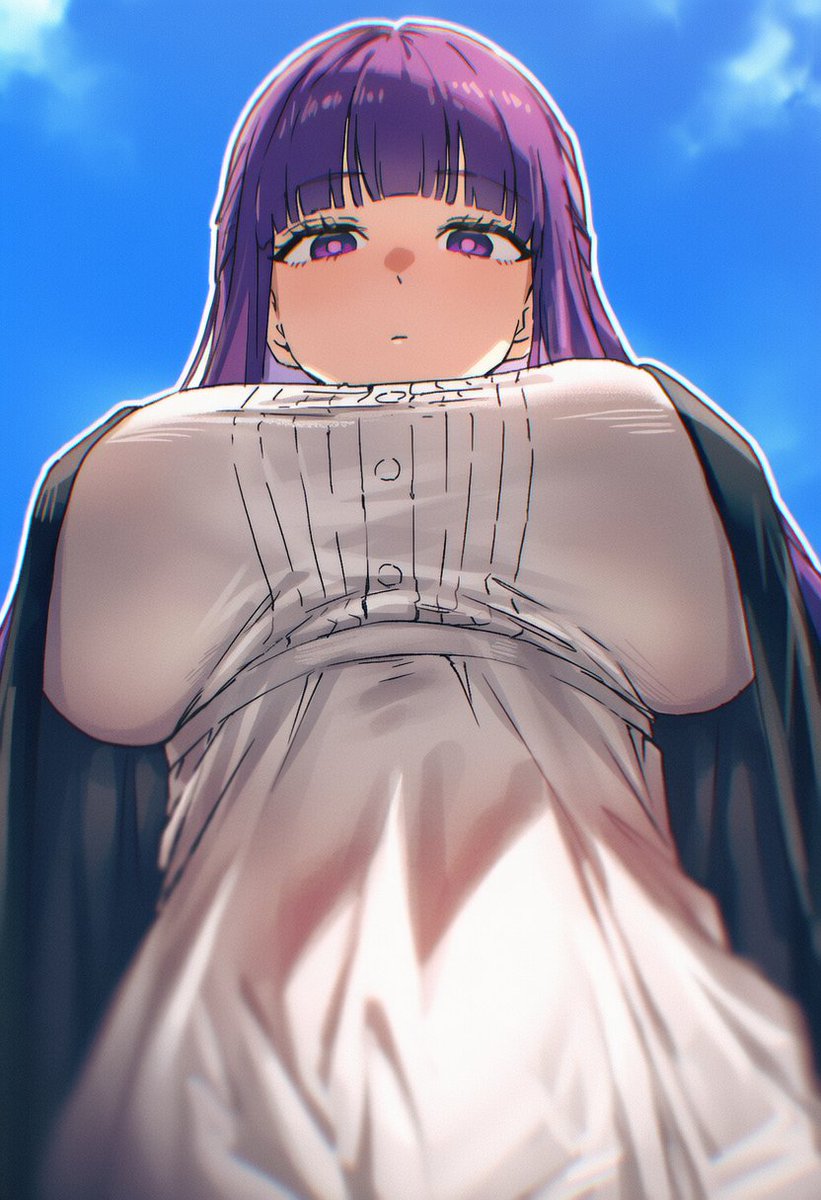 1girl, 1girls, ai generated, bangs, big breasts, blunt bangs, breasts, closed mouth, eyebrows visible through hair, female, female only, fern (sousou no frieren), from below, huge breasts, human, human female, large breasts, light-skinned female, looking at viewer, looking down, purple eyes, purple hair, slim waist, solo, sousou no frieren