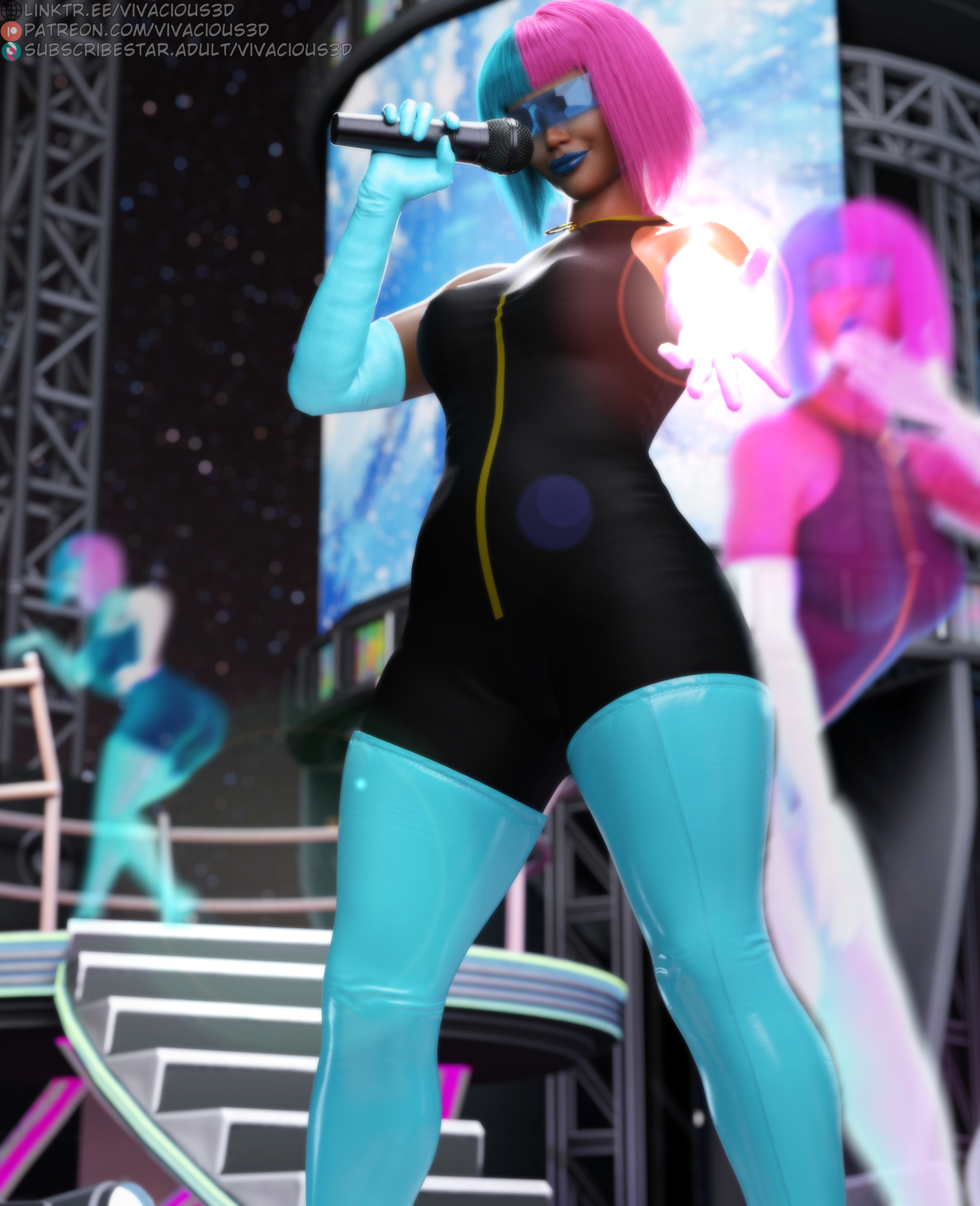 3d, 3d (artwork), 3dx, alice (dispatch), big ass, blue hair, bodysuit, dispatch (game), fanart, female, glasses, microphone, pink hair, prism, prism (dispatch), tinted eyewear, visor, vivacious3d