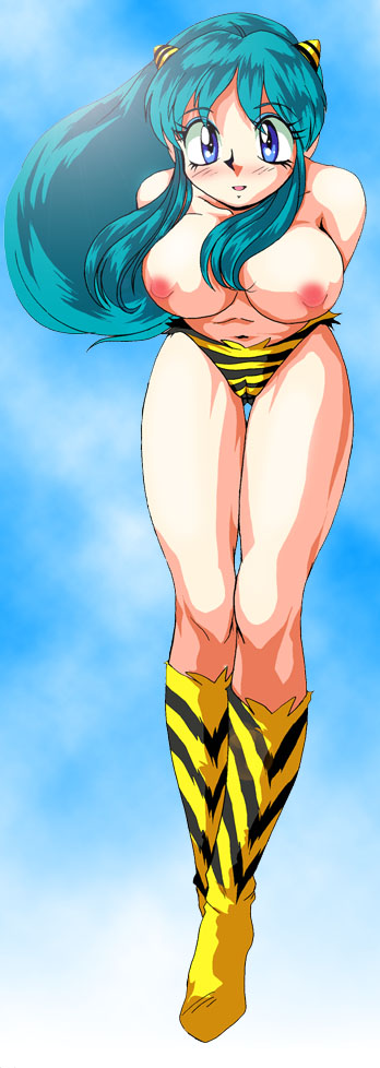 1990s 1997 1girls 20th_century bb blue_eyes blush boots breasts cameltoe eyeball_(artist) female green_hair horns humanoid large_breasts light-skinned_female light_skin long_hair looking_at_viewer lum nipples oni pointy_ears princess smile solo tiger_print urusei_yatsura