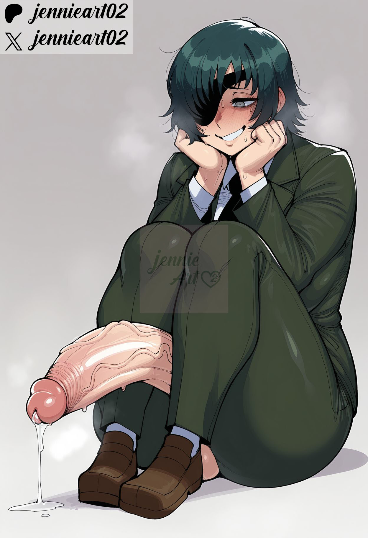 1futa, ai generated, big ass, big balls, big breasts, big penis, chainsaw man, clothed, clothing, erection, futa only, futanari, himeno (chainsaw man), jennieart02, light-skinned futa, looking at penis, penis, penis out, precum, sitting, solo