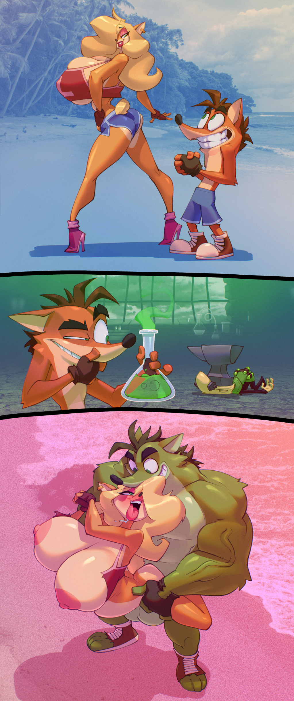 1boy, 1girls, absurd res, activision, anthro, areola, ass, backshots, bandicoot, beach, big breasts, bigdad, biped, blonde hair, breasts, brown hair, clothed, clothing, comic, crash (series), crash bandicoot, detailed background, doggy style, duo focus, female, female penetrated, flask, footwear, gigantic breasts, group, hair, hi res, high heels, huge breasts, huge cock, larger female, larger male, looking at another, looking back, looking pleasured, male, male penetrating, male/female, mammal, marsupial, massive breasts, massive penis, muscular, muscular male, naughty dog, naughty face, nipples, orange fur, outside, penetration, penile, penile penetration, potion, pupils, rough sex, sex, sex from behind, shoes, size difference, smaller female, smaller male, smile, stomach bulge, tall female, taller female, tawna bandicoot, thick thighs, tongue, tongue out, voluptuous, voluptuous body, voluptuous female