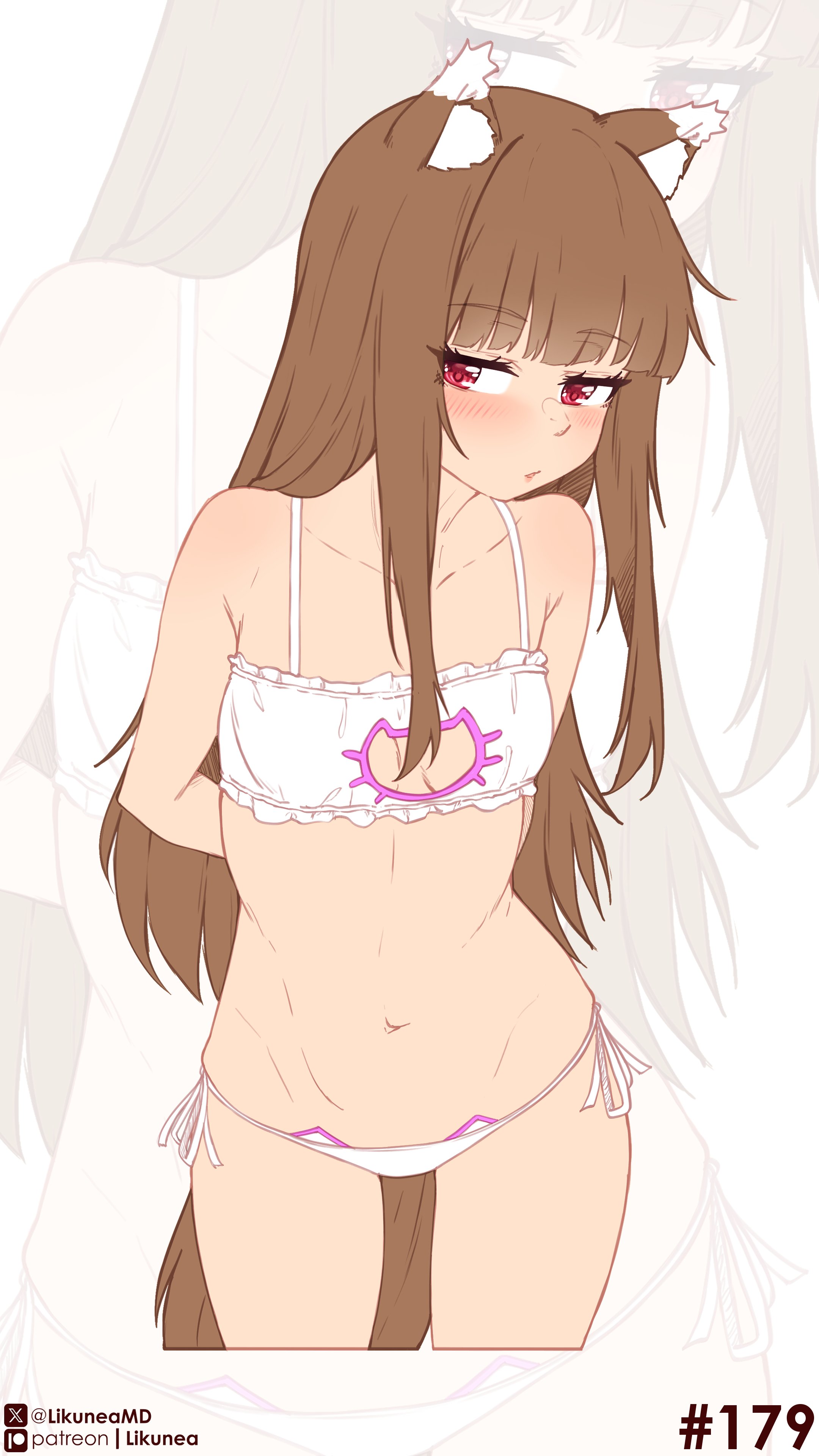 1girls, animal ears, animal tail, blush, blush lines, blushing female, breasts, brown hair, brown hair female, brown-haired female, canine humanoid, cat lingerie, female, female only, fluffy, fluffy tail, highres, hime cut, holo, kemonomimi, likunea, lingerie, lingerie only, red eyes, red eyes female, red-eyed female, small breasts, sole female, spice and wolf, tail, thighs, underwear, white lingerie, wolf ears, wolf girl, wolf humanoid, wolf tail