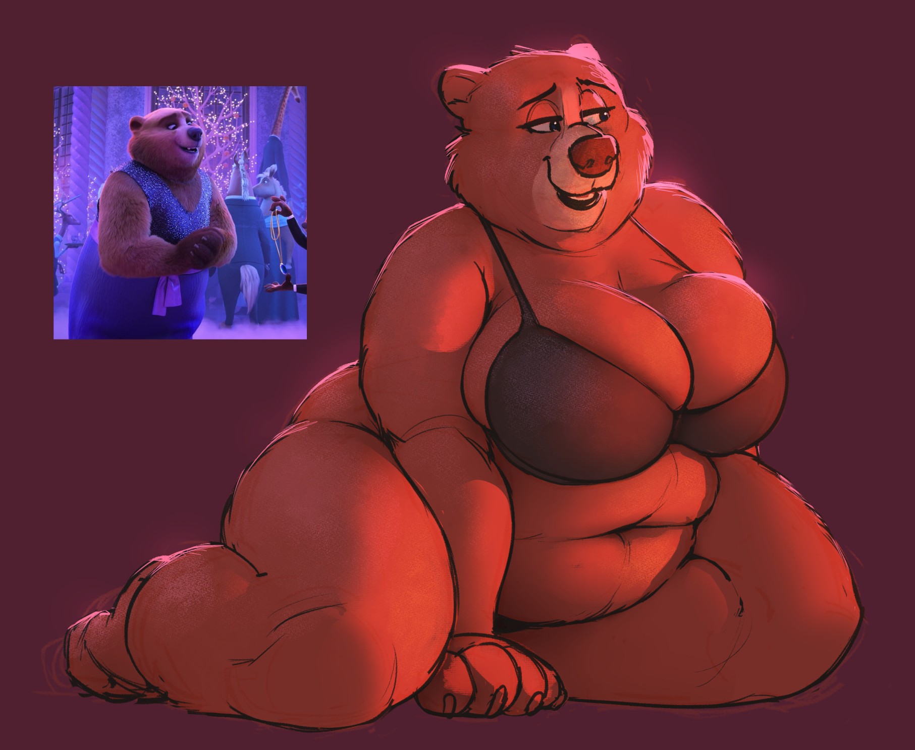 anthro, bear, big breasts, black nose, bra, breasts, brown bear, brown body, brown fur, claws, clothing, de4dset, disney, female, finger claws, fingers, fur, hi res, huge breasts, kneeling, mammal, mature anthro, mature female, navel, obese, obese anthro, obese female, overweight, overweight anthro, overweight female, reference image, smile, solo, the bearoness, thick thighs, underwear, ursine, wide hips, zootopia, zootopia 2