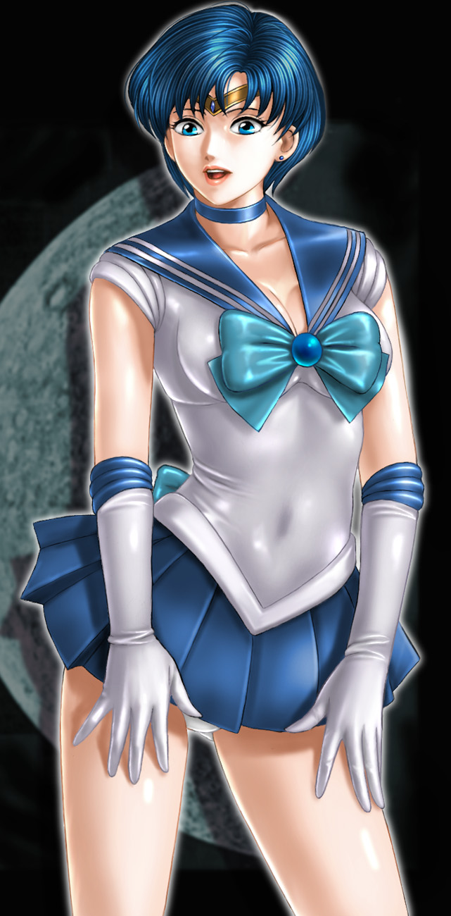 ami_mizuno bishoujo_senshi_sailor_moon blue_eyes blue_hair breasts choker cleavage clothing earrings elbow_gloves female female_only fully_clothed gloves highres human miniskirt panties panties_visible_under_skirt panty_peek realistic sailor_mercury shiny_clothes short_hair short_skirt skirt small_breasts smile solo straight_hair surprised tight_clothing toten_(artist) underwear