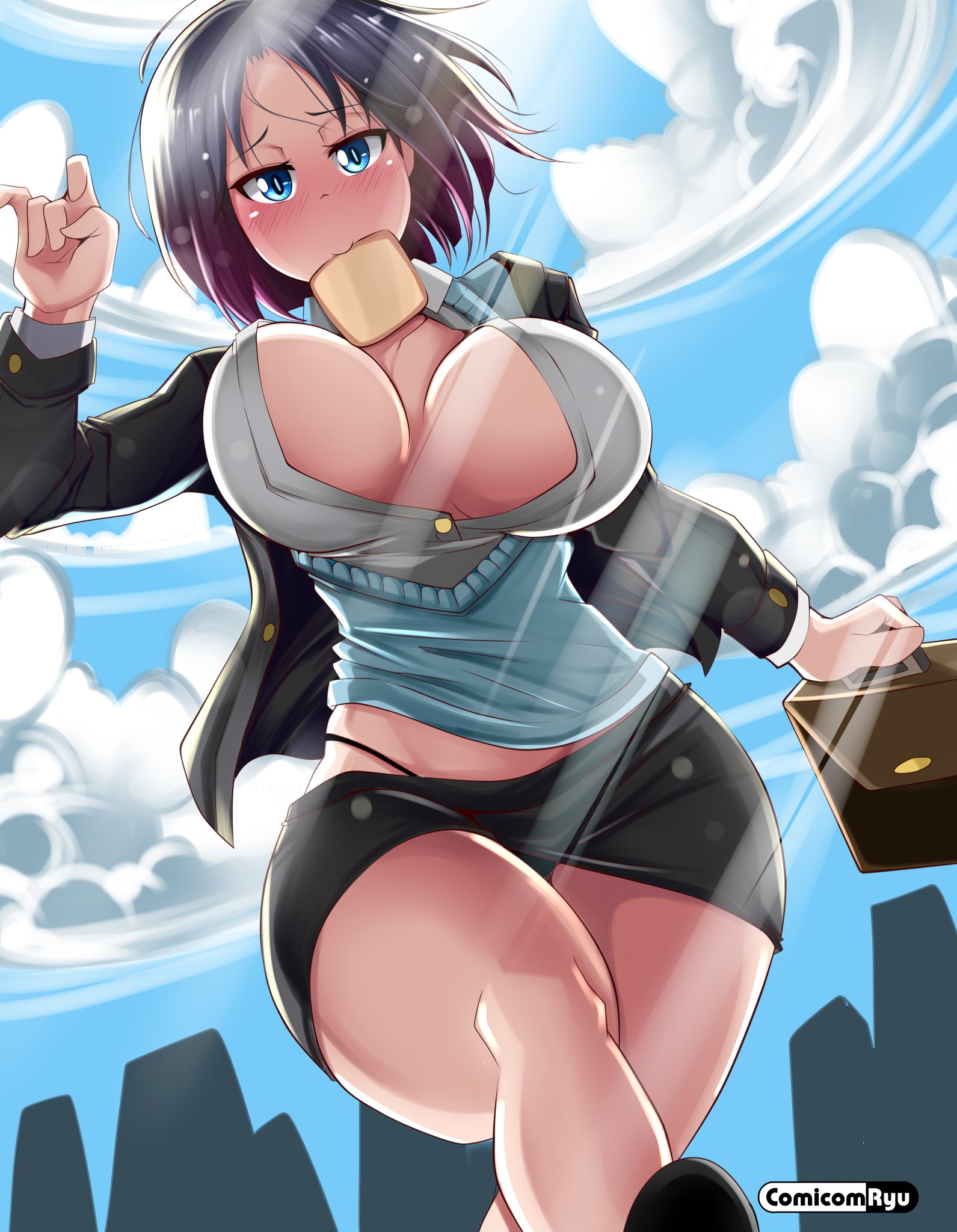 1girls, 2020, blue eyes, blush, breasts, cleavage, comicomryu, elma (dragon maid), kobayashi-san chi no maidragon, miss kobayashi's dragon maid, office lady, open shirt, purple hair, running, ryumxr, short hair, skirt, solo, suitcase, thick thighs, thong, toast, white skin
