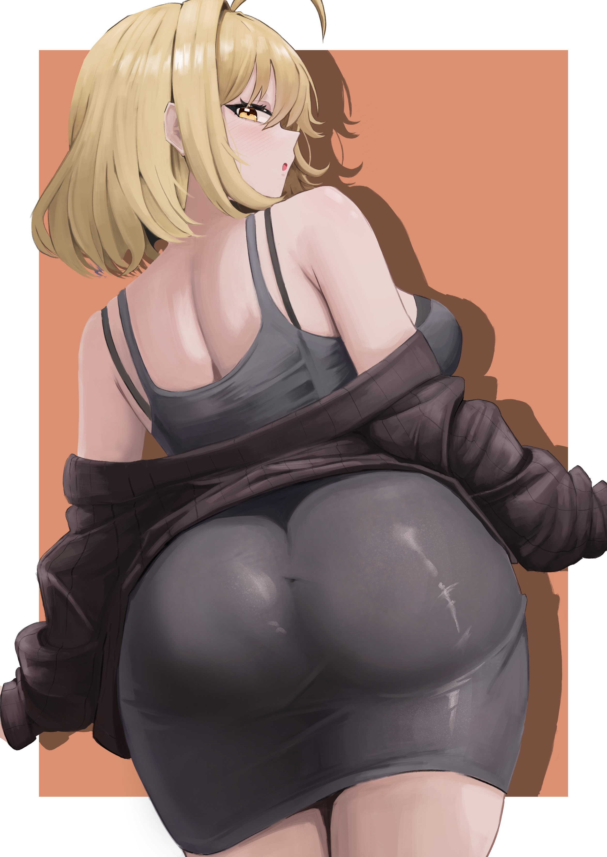 absurdres, ahoge, alternate costume, anis (nikke), ass, black bra, black dress, border, bra, brown cardigan, brown hair, cardigan, commentary request, cosplay, d (killer wife) (nikke), d (nikke), d (nikke) (cosplay), dongtan dress, dress, female, goddess of victory: nikke, highres, korean commentary, looking at viewer, looking back, outside border, profile, short hair, small chair (xiaosaiyi33818), solo, tight clothes, underwear, white border, yellow eyes