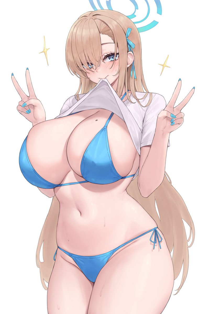1girls, artist request, asuna (blue archive), big breasts, bikini, biting shirt, blonde hair, blue archive, blue bikini, blue eyes, blue nails, blue swimsuit, cleaning & clearing (blue archive), double v, eye covering bang, female, female only, gyaru, hair over one eye, halo, hand gesture, long hair, millennium science school student, mole, mole on breast, nail polish, navel, painted nails, peace sign, shirt lift, shirt up, side-tie bikini, skindentation, solo, swimsuit, thick thighs, v, v sign, v-sign, white background