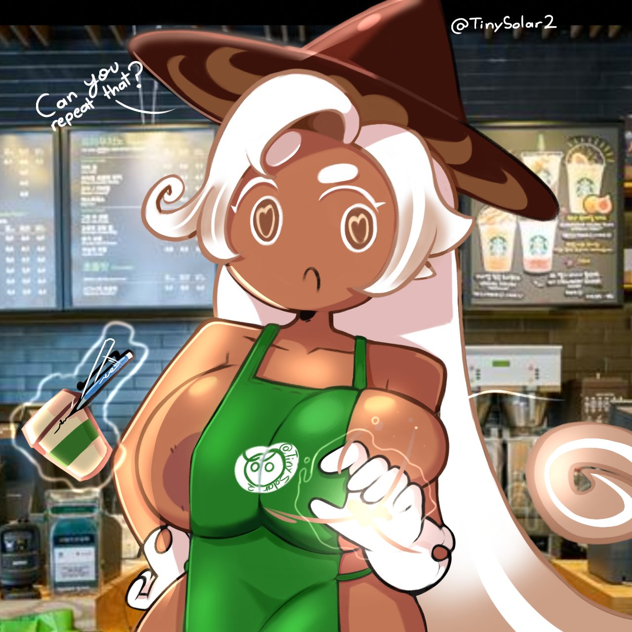 1girls, apron, apron only, areola, areola slip, areolae, areolae slip, artist name, artist signature, big breasts, boobs, breast milk, breasts, brown body, brown eyes, brown hair, brown hat, brown skin, coffee, coffee cup, coffee shop, cookie run, cookie run kingdom, dialogue, female, female only, gloves, green apron, hat, heart, heart symbol, heart-shaped pupils, hearts, huge breasts, humanoid, irl background, latte cookie (cookie run), long hair, magic, meme, open mouth, pencil, real background, real life background, solo, solo female, starbucks, text, thick thighs, thighs, tinysolar, very long hair, white hair, witch hat, writing